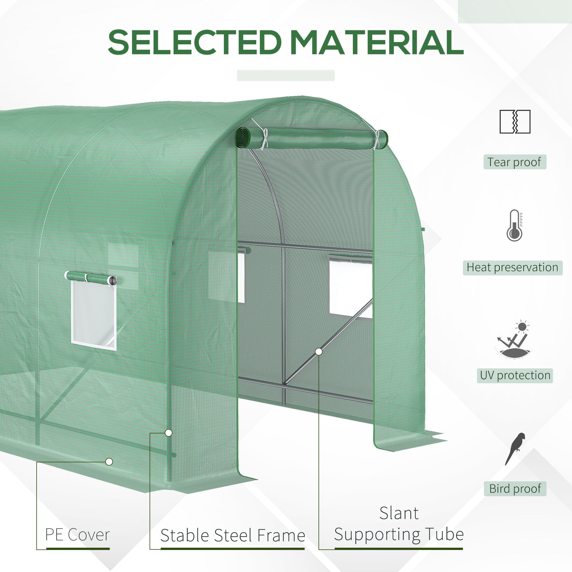 Outsunny 3.5 x 2m Walk-In Polytunnel Greenhouse, with Steel Frame, PE Cover, Roll-Up Door and 6 Windows, Green - North Peak Garden Furniture