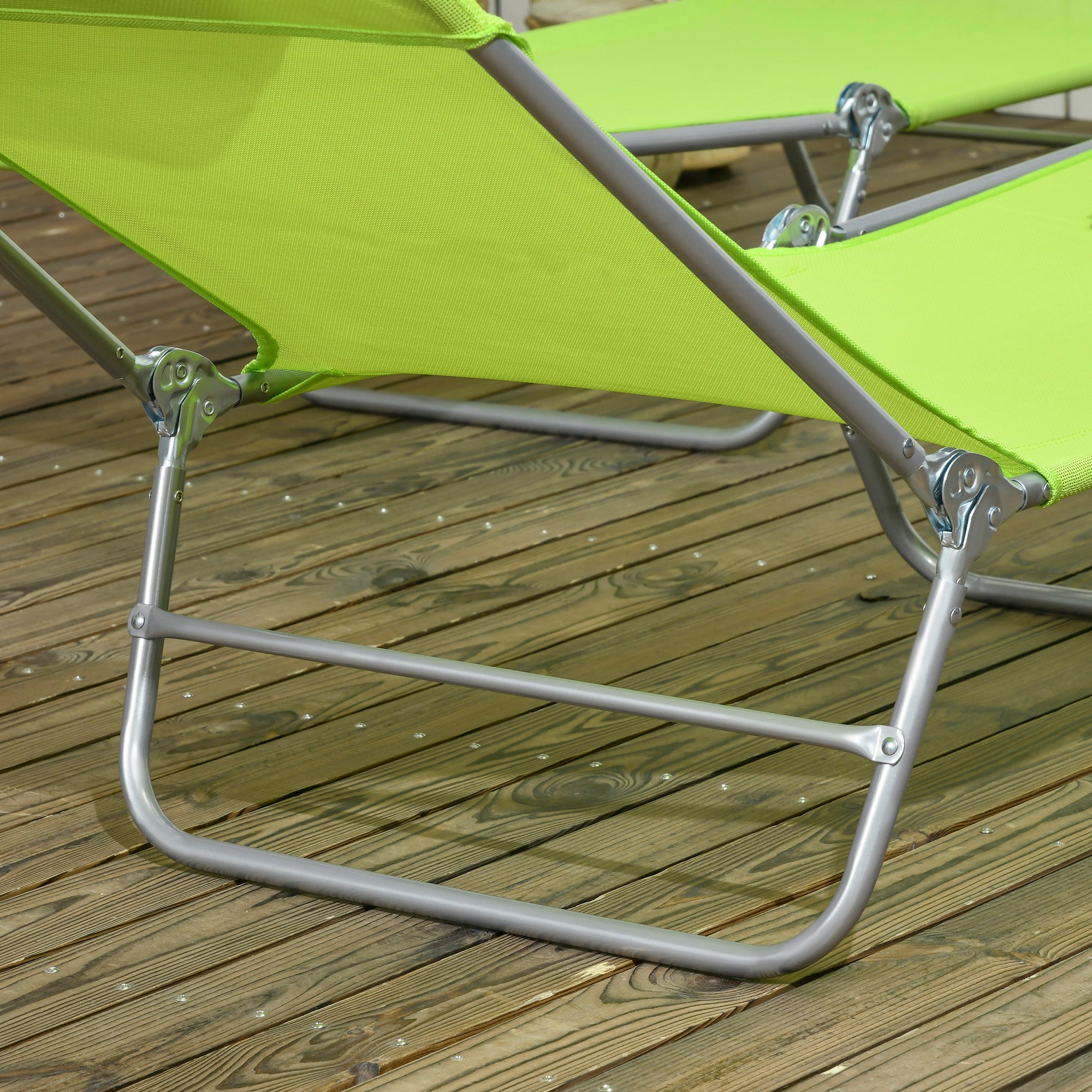 Outsunny Folding Sun Lounger Set of 2, Outdoor Day Beds with Pillow, Reclining Back, Steel Frame and Breathable Mesh for Beach, Yard, Patio, Green - North Peak Garden Furniture
