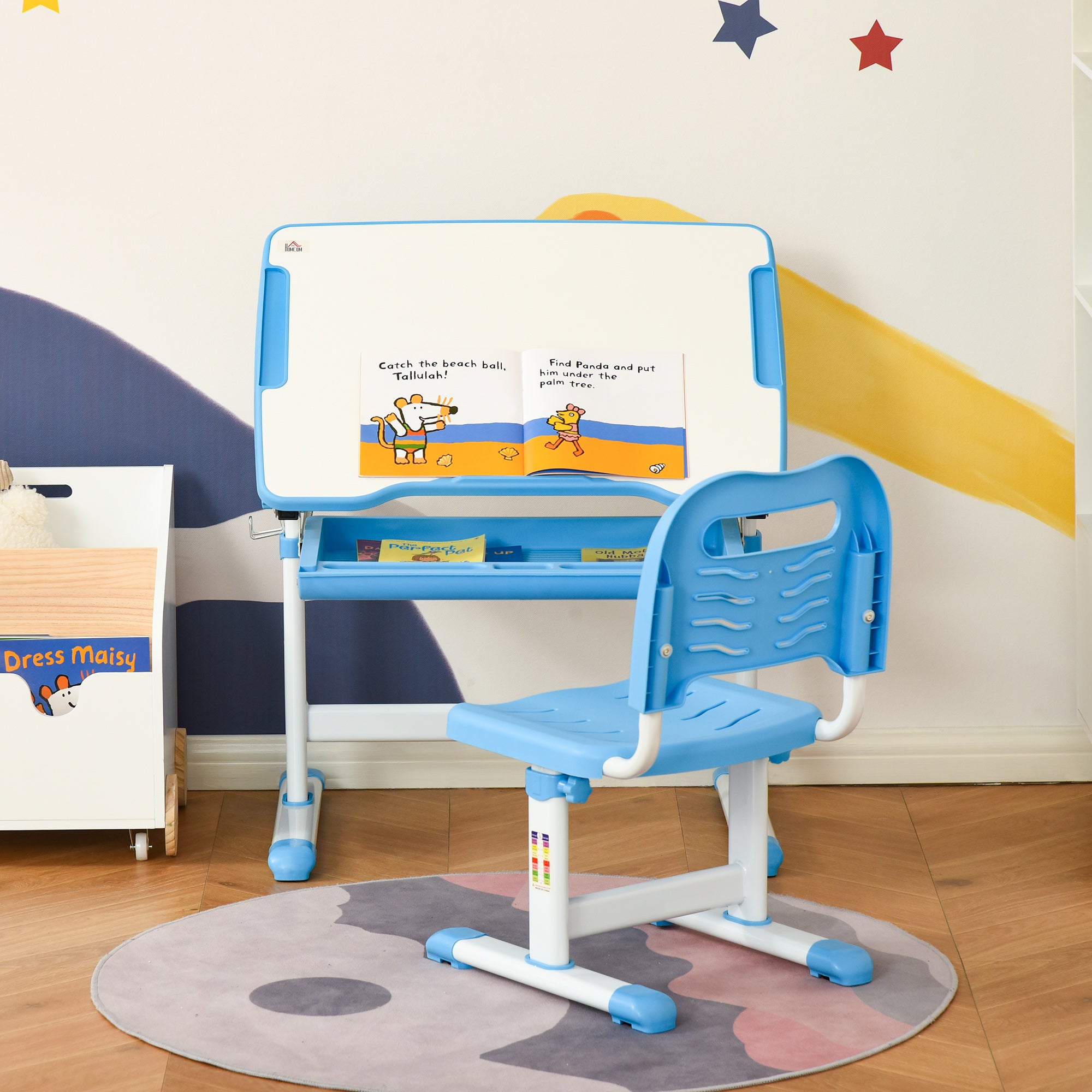 HOMCOM Kids Desk and Chair Set, Height Adjustable Student Writing Desk, Children School Study Table with Tiltable Desktop, Drawer, Pen Slot, Hook - Blue - North Peak Garden Furniture