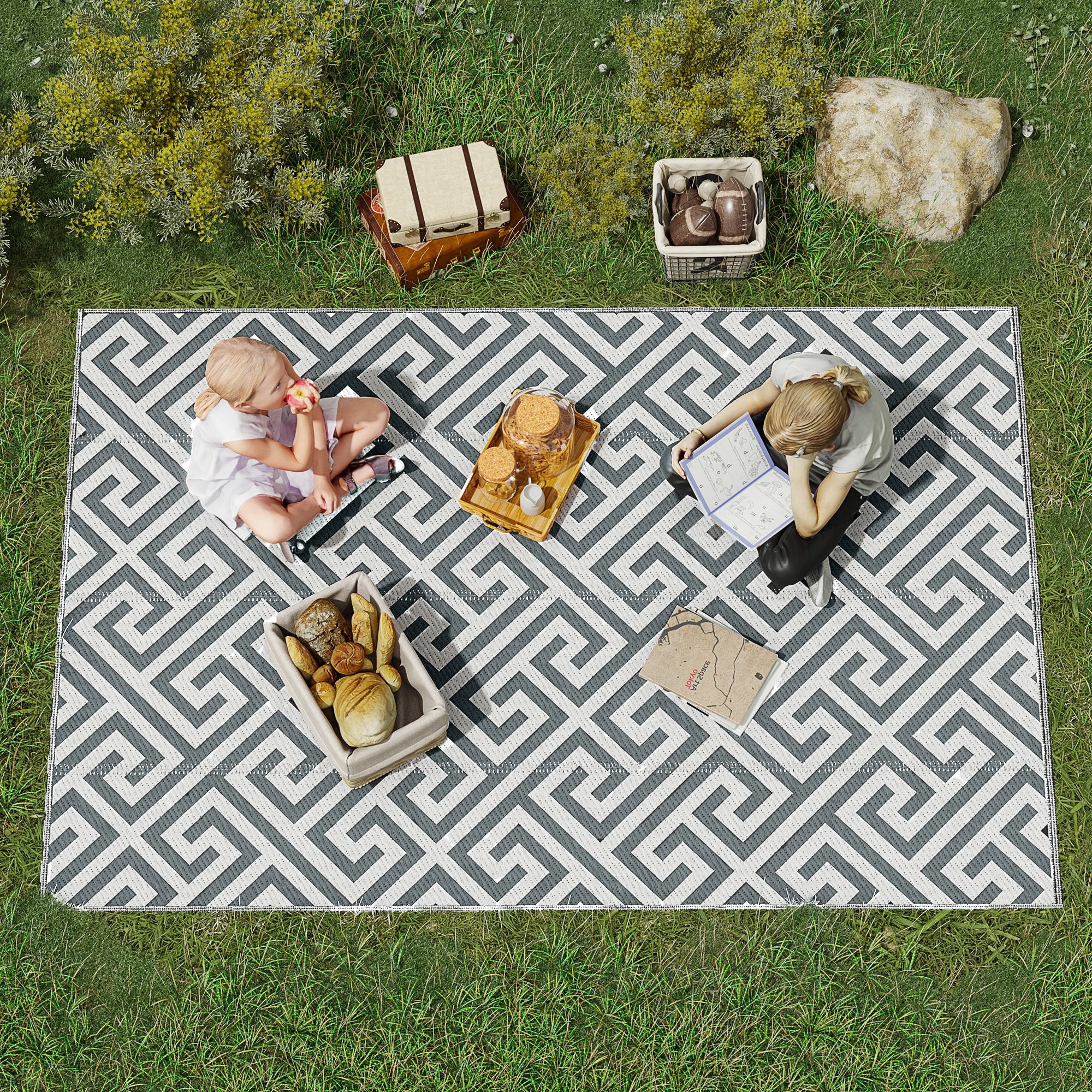 Outsunny Outdoor Rug Reversible Mat Plastic Straw Rug Portable RV Camping Mat for Garden Picnic Indoor, 152x243cm, Light Grey - North Peak Garden Furniture