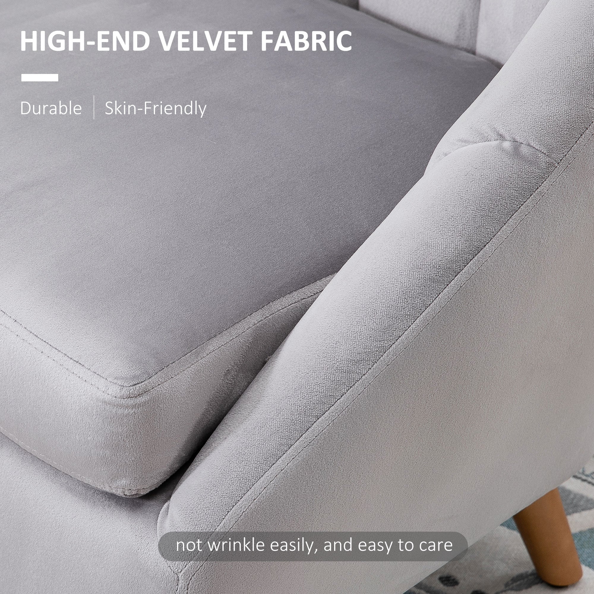 HOMCOM Accent Chair Velvet Fabric Single Sofa Armchair Home Living Room Solid Wood Leg Upholstered Side Armchair Grey - North Peak Garden Furniture