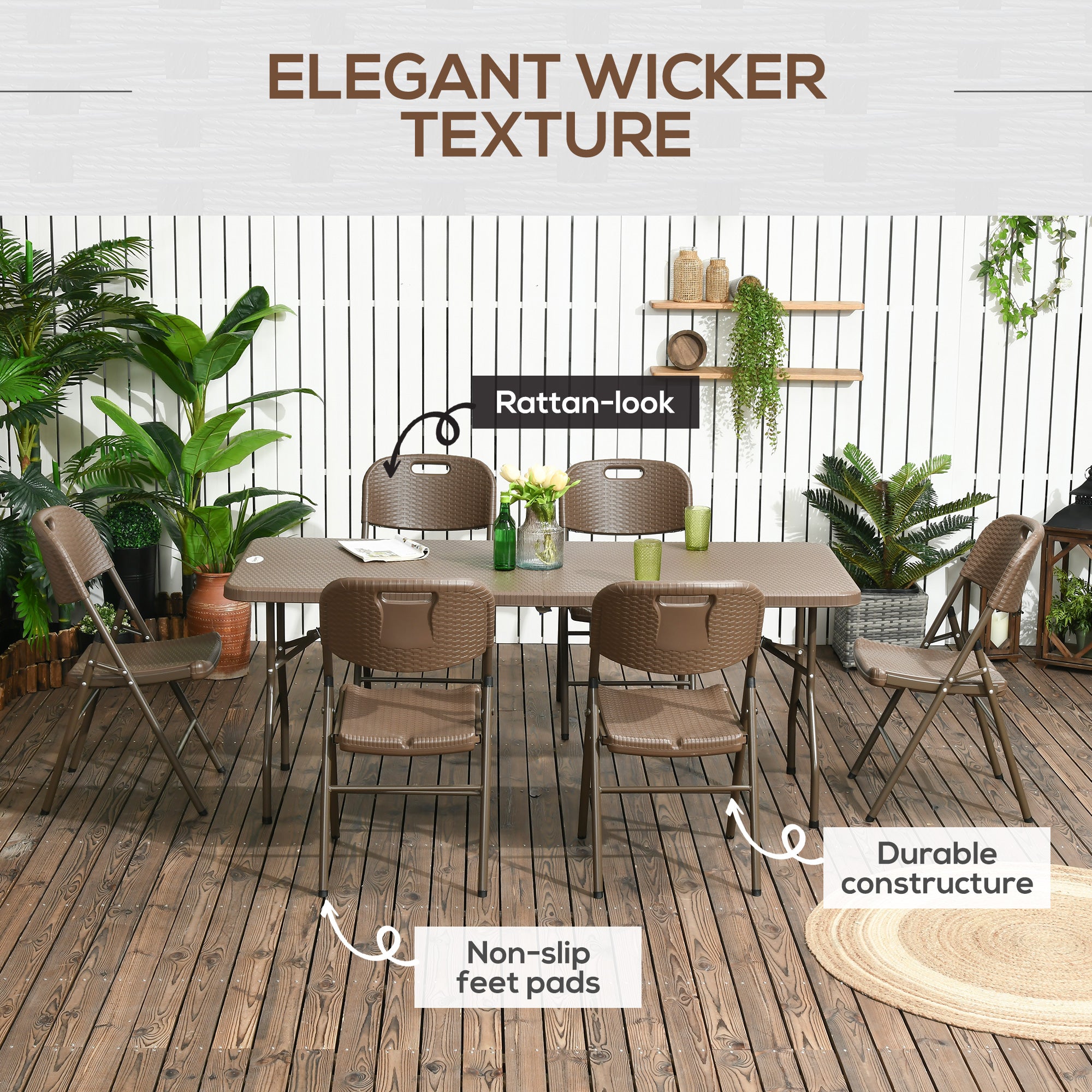 Outsunny 6 Seater Rattan Dining Set, HDPE Molding Rattan Garden Furniture Set, Outdoor Dining Table and Chairs with 6 Armchairs, Rectangular Plastic Top Table for Patio, Balcony, Dark Brown - North Peak Garden Furniture
