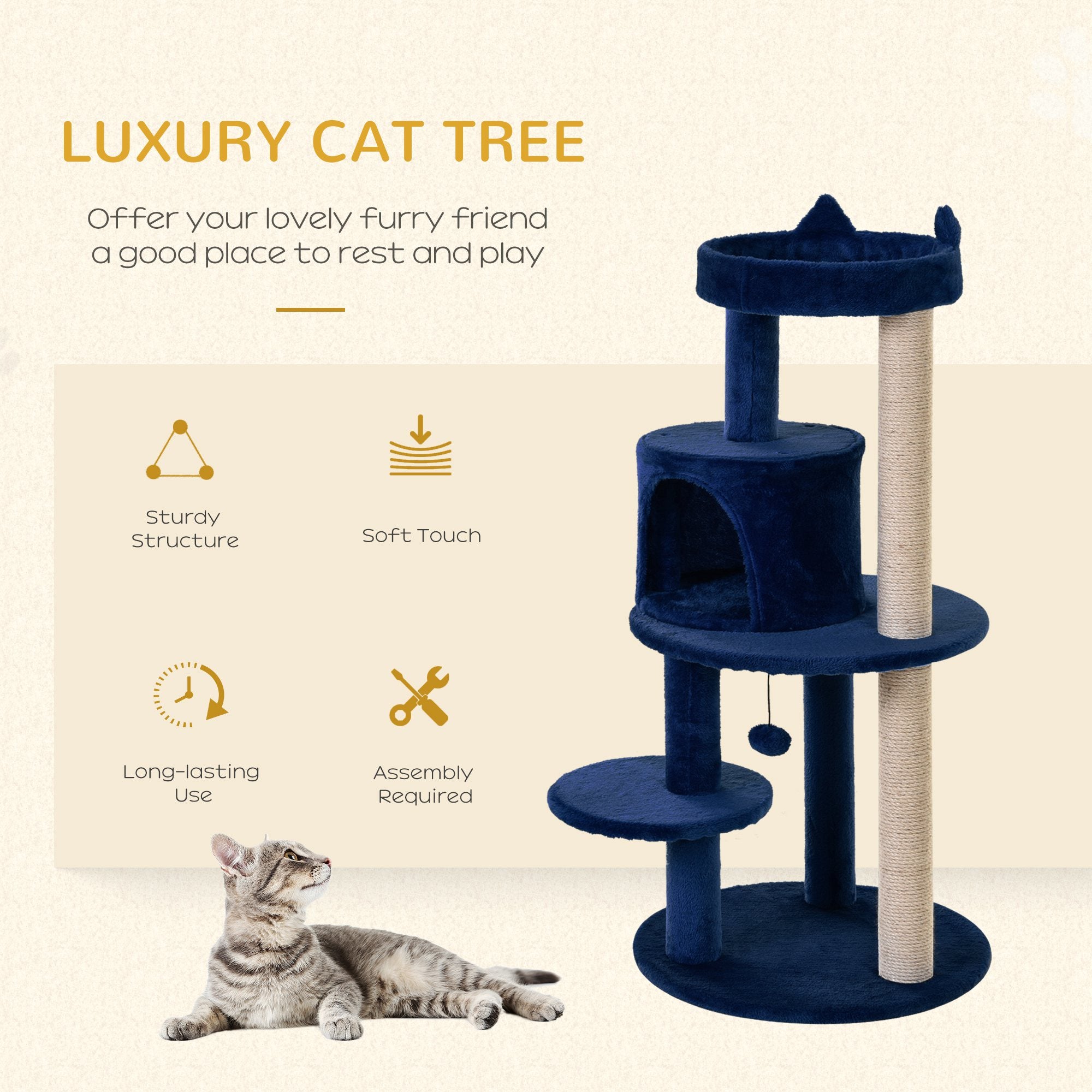PawHut 104 cm Cat Tree, Cat Condo Tree Tower, Cat Activity Centre with Scratching Posts, Plush Perches, Hanging Ball - Blue - North Peak Garden Furniture