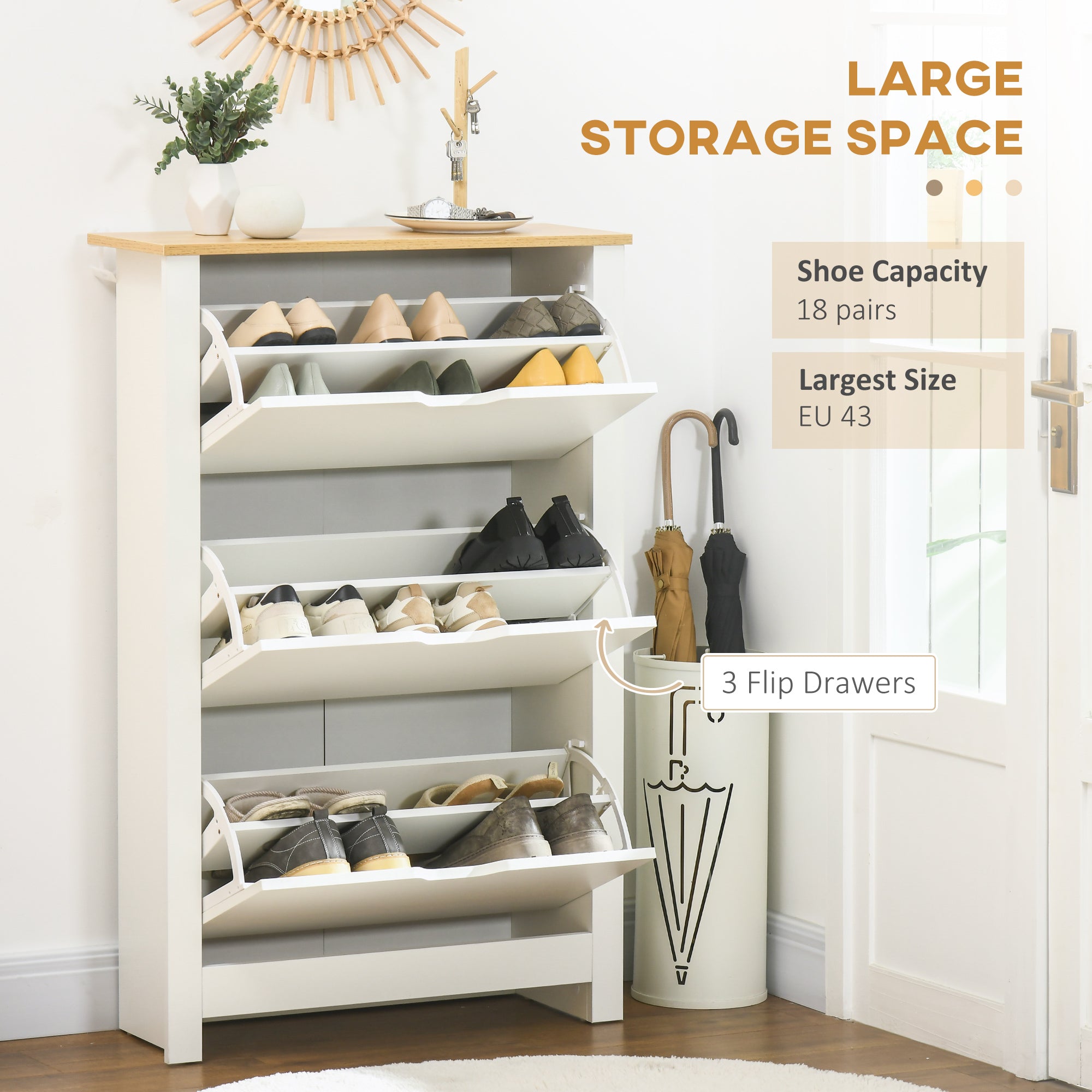 HOMCOM Slim Shoe Cabinet, Narrow Shoe Cupboard with 3 Flip Drawers, Adjustable Shelves for 18 Pairs of Shoes for Hallway, White - North Peak Garden Furniture