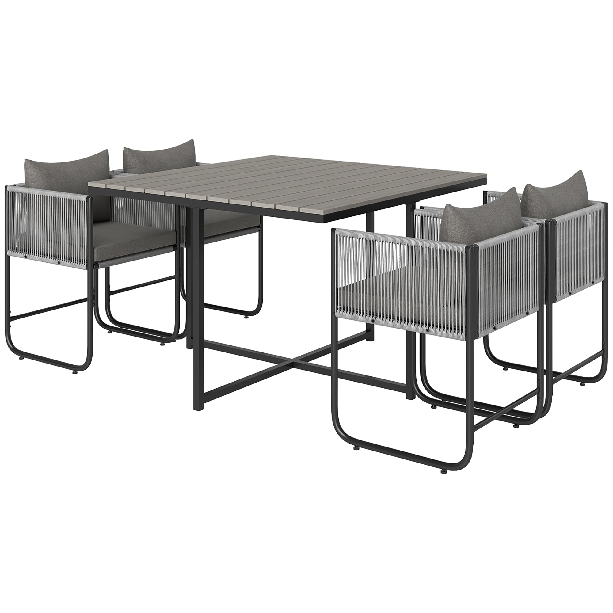 Outsunny 4 Seater Rattan Cube Garden Furniture Set, Rattan Dining Set with Cushions, Outdoor Dining Table and Chairs with Rectangular Wood Grain Plastic Top Table for Patio, Balcony, Grey - North Peak Garden Furniture