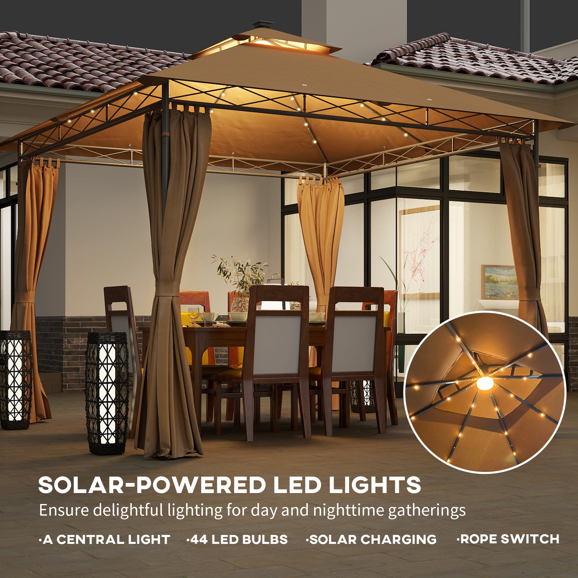 Outsunny 3 x 3 m Solar LED Metal Gazebo - Brown - North Peak Garden Furniture