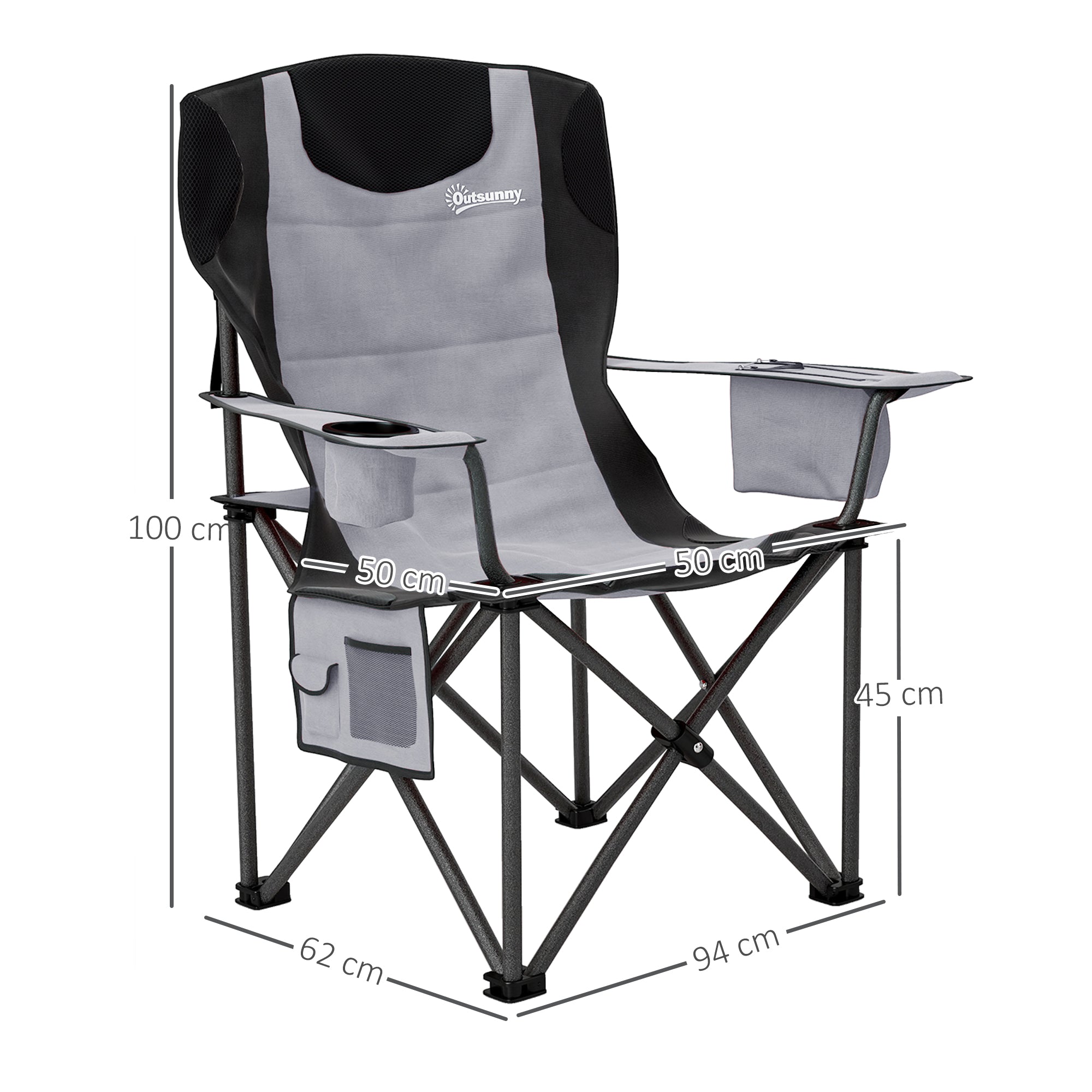 Outsunny Set of 2 Folding Camping Chairs, Padded Camping Chairs with Adjustable Armrests, Portable & Lightweight Folding Camp Chair with Cooler Bag, Cup Holder and Side Pockets, Grey - North Peak Garden Furniture