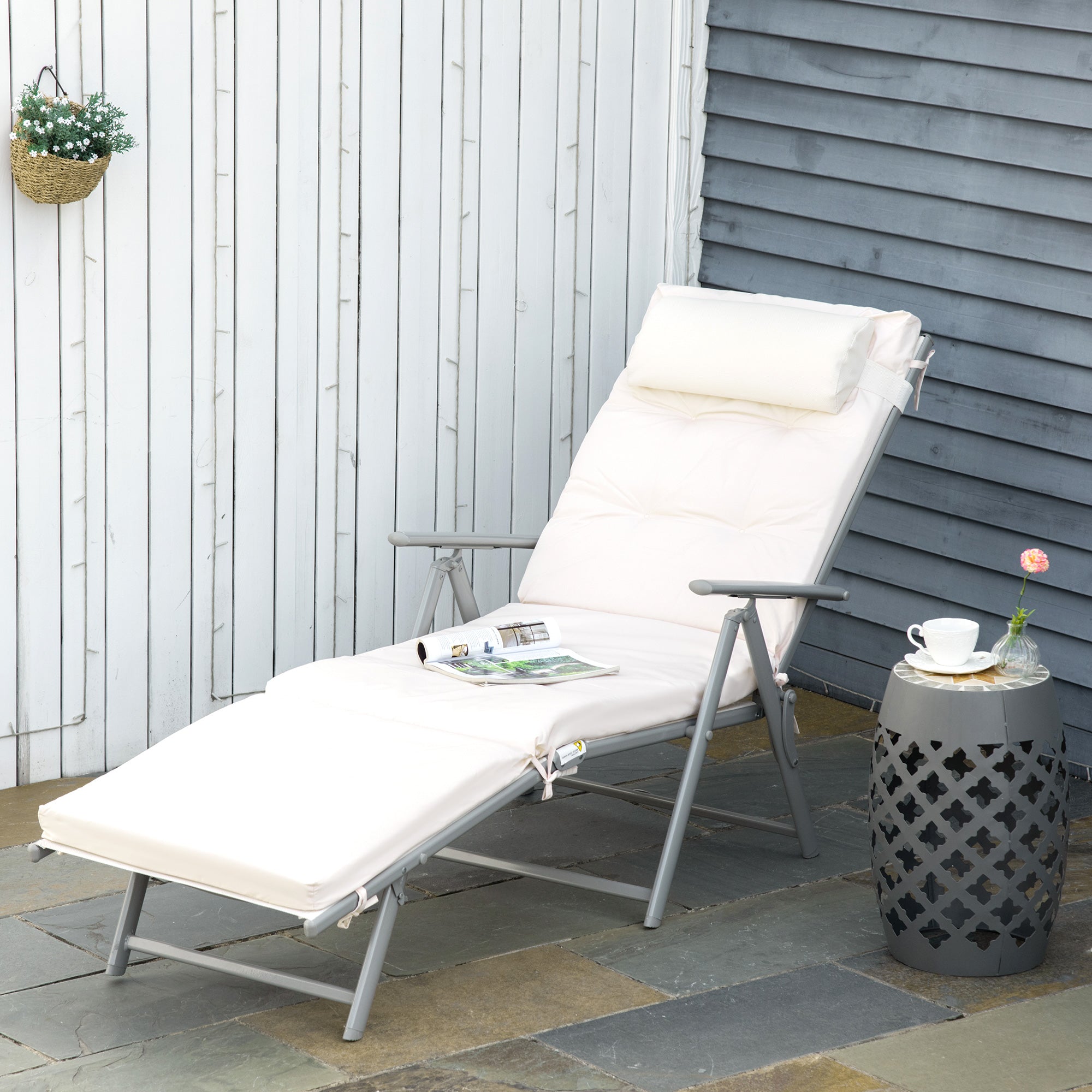 Outsunny Sun Lounger Steel Frame Outdoor Folding Chaise Texteline Lounge Chair Recliner with Headrest & 7 Levels Adjustable Backrest, Cream White - North Peak Garden Furniture