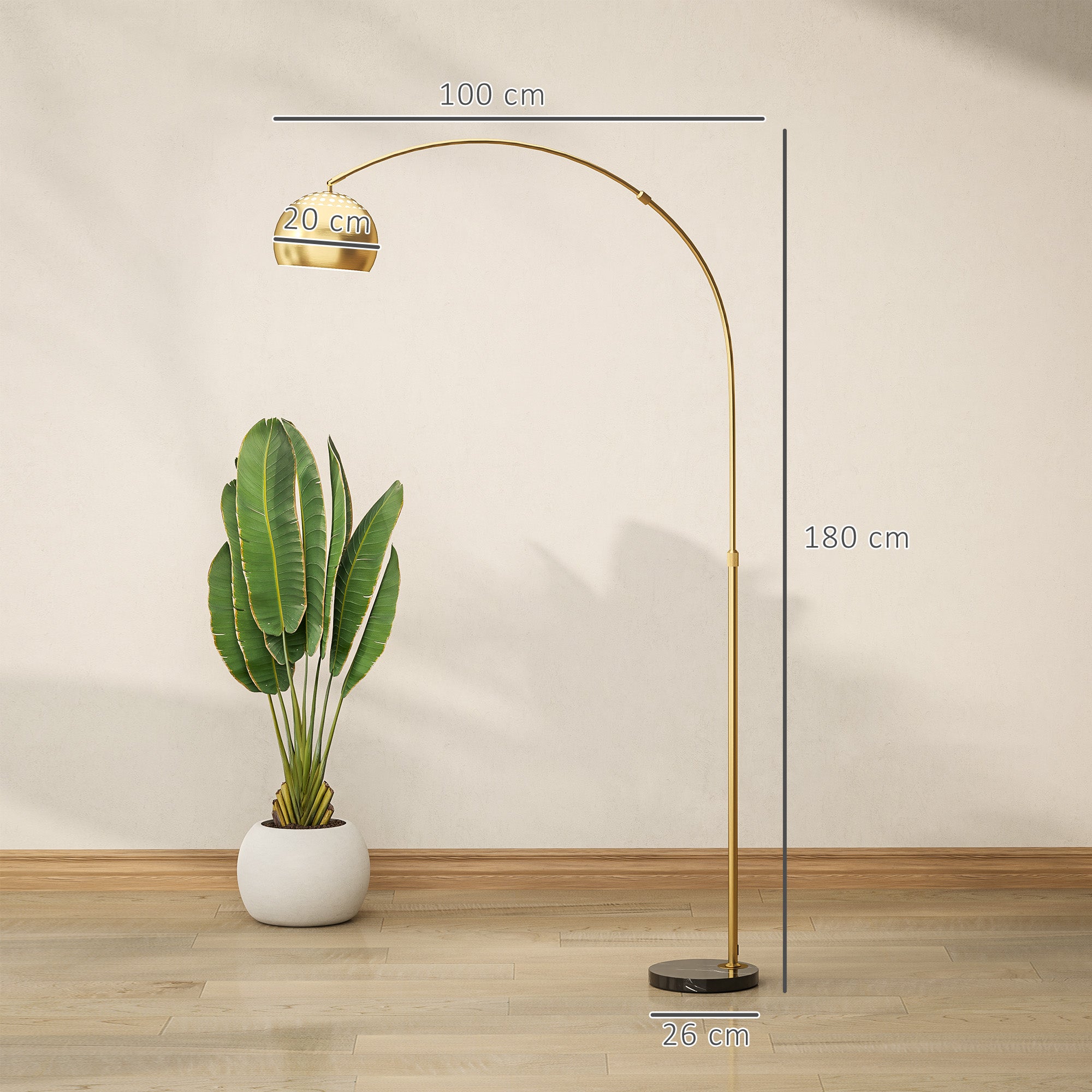 HOMCOM 180cm Arc Floor Lamp for Living Room, Modern Adjustable Standing Lamp with Foot Switch, Faux Black Marble Base and Bell Shade for Home Offices, Bedrooms, Gold Tone - North Peak Garden Furniture