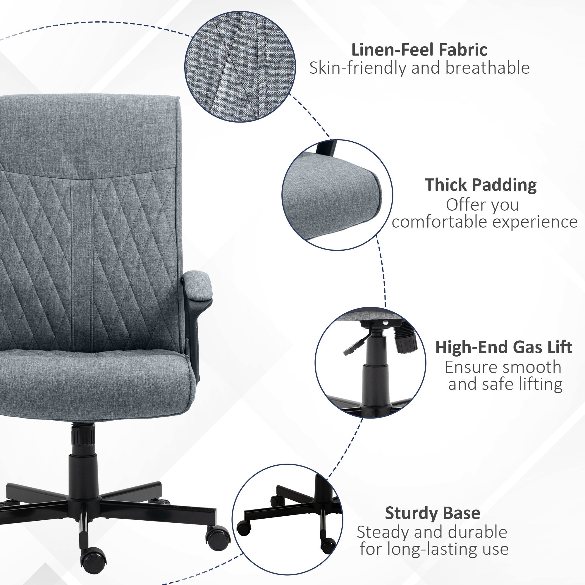Vinsetto High Back Home Office Chair, Linen Fabric Computer Chair, Swivel Desk Chair with Adjustable Height for Living Room, Bedroom, Study, Dark Grey - North Peak Garden Furniture