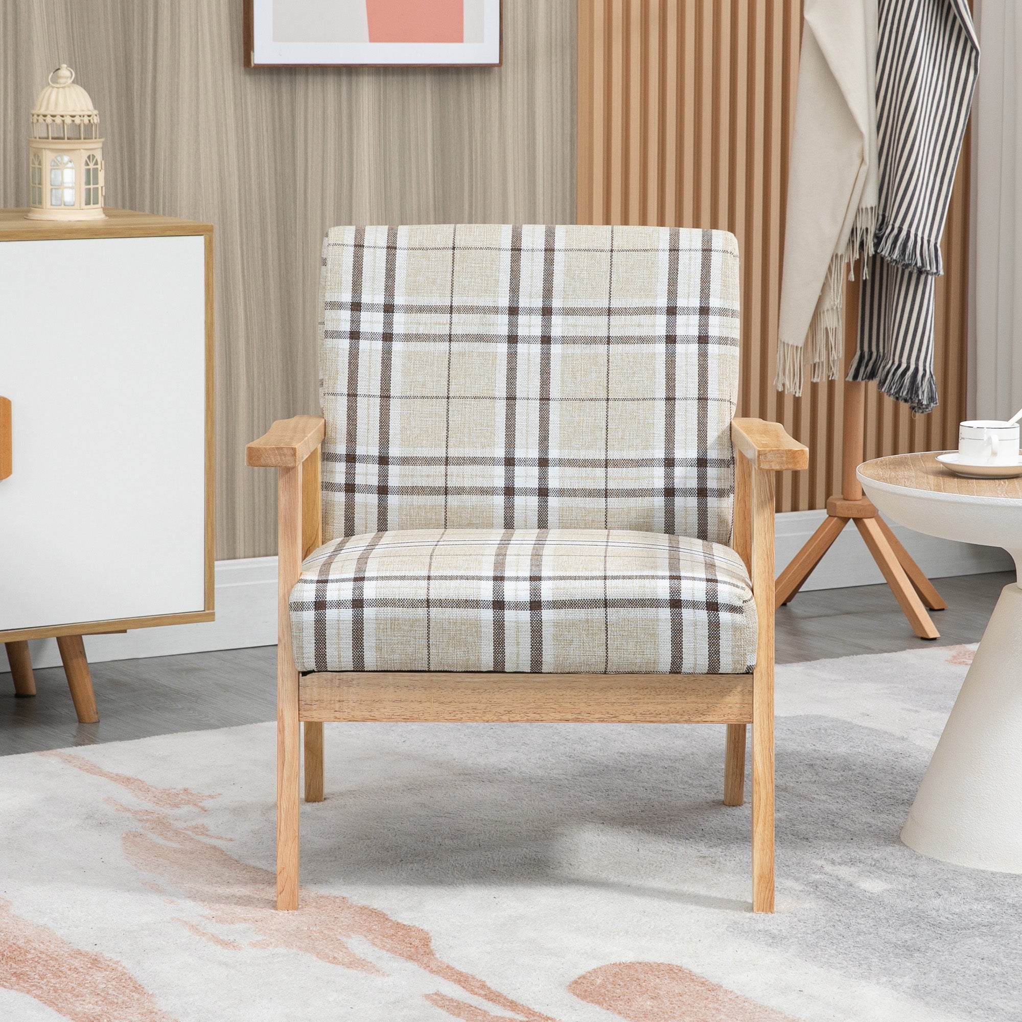 HOMCOM Modern One Seater Sofa for Living Room, Linen Fabric Small Couch with Rubber Wood Frame, Armrests, Lattice Pattern, Upholstered Armchair, Beige - North Peak Garden Furniture