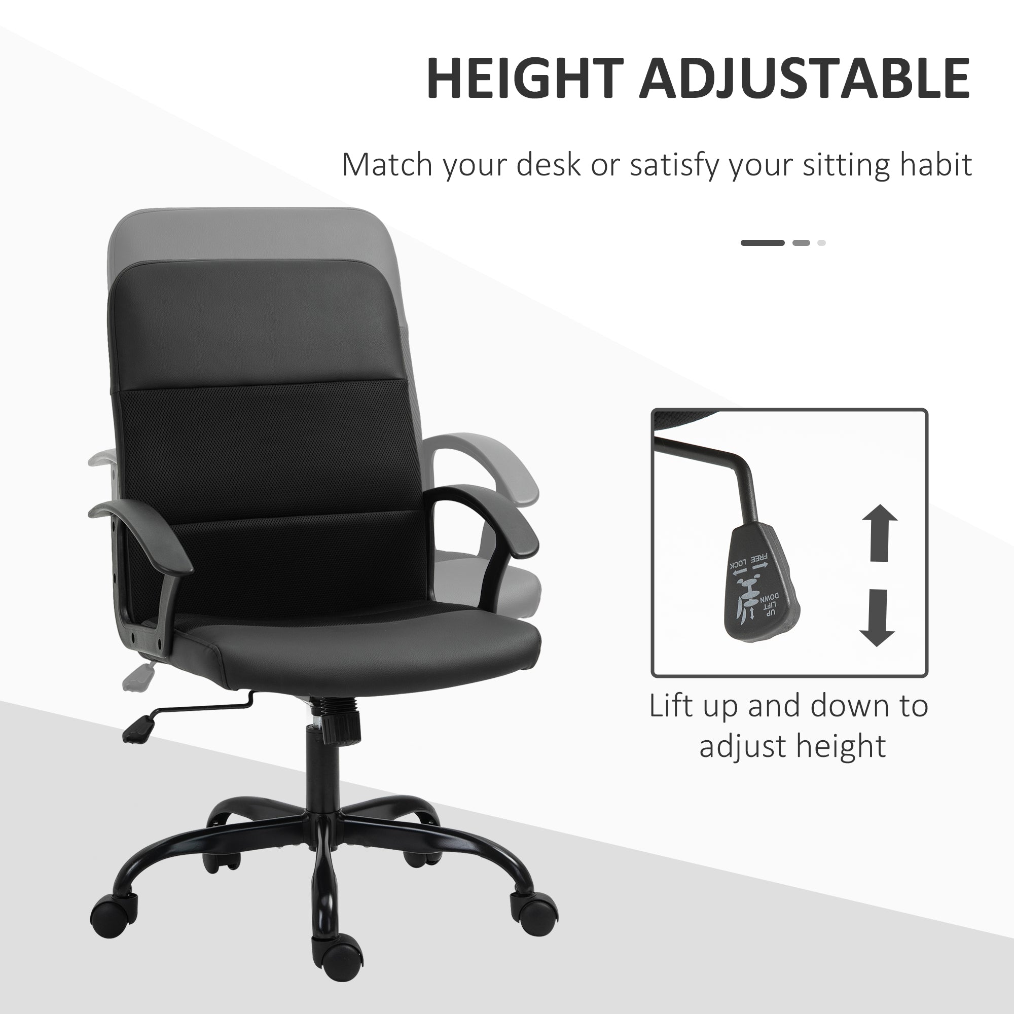 Vinsetto Mesh Office Chair, Faux Leather Desk Chair with Swivel Wheels, Adjustable Height and Tilt Function, Black - North Peak Garden Furniture