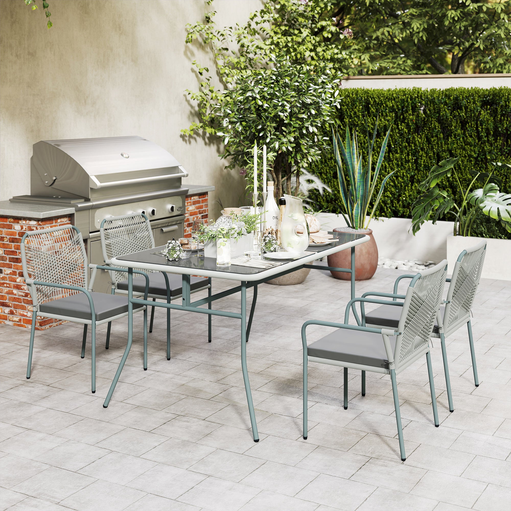 Outsunny Five-Piece PE Rattan Garden Dining Set with Cushions & Stackable Chairs - Light Grey - North Peak Garden Furniture