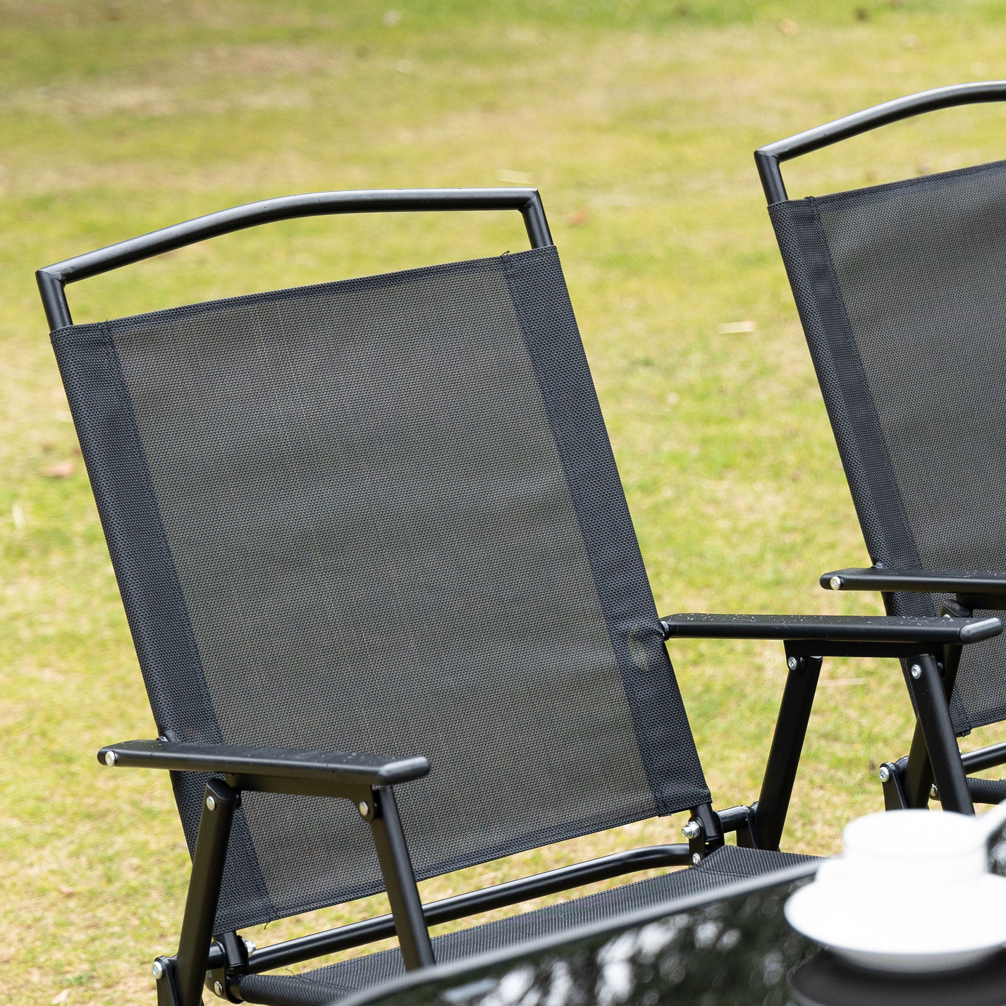 Outsunny Eight-Piece Garden Dining Set, with Chairs, Table and Parasol - Black - North Peak Garden Furniture