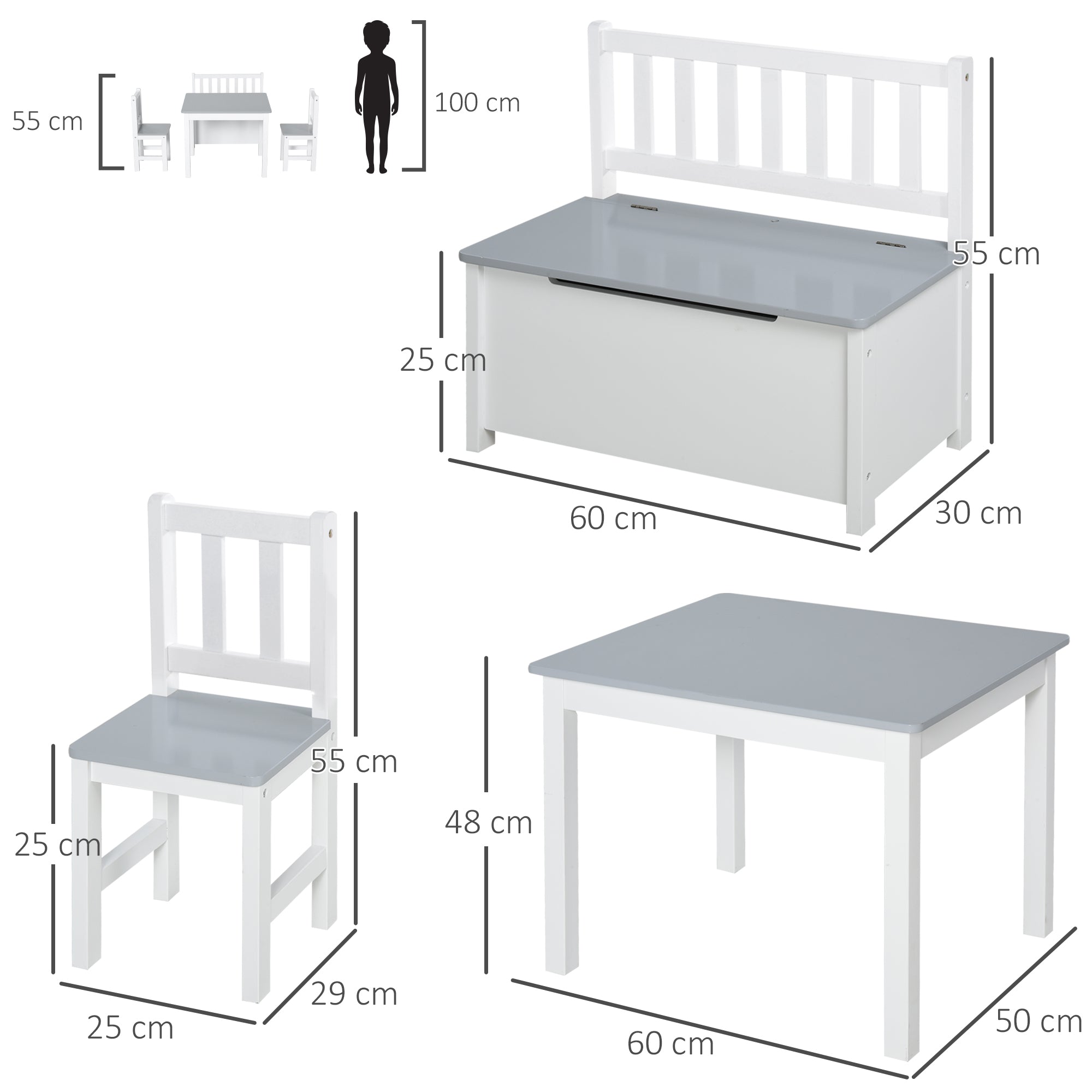 HOMCOM 4-Piece Kids Table and Chair Set with 2 Wooden Chairs, 1 Storage Bench, and Interesting Modern Design, Grey/White - North Peak Garden Furniture