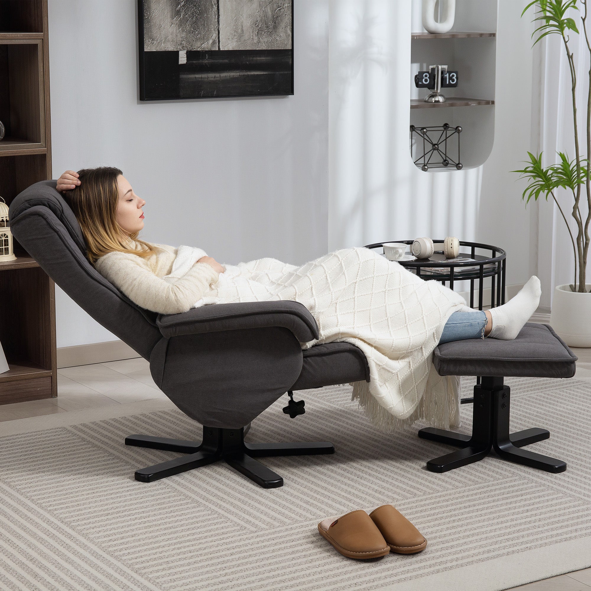 HOMCOM Rocker Swivel Recliner Chair with Footstool - Charcoal Grey Velvet