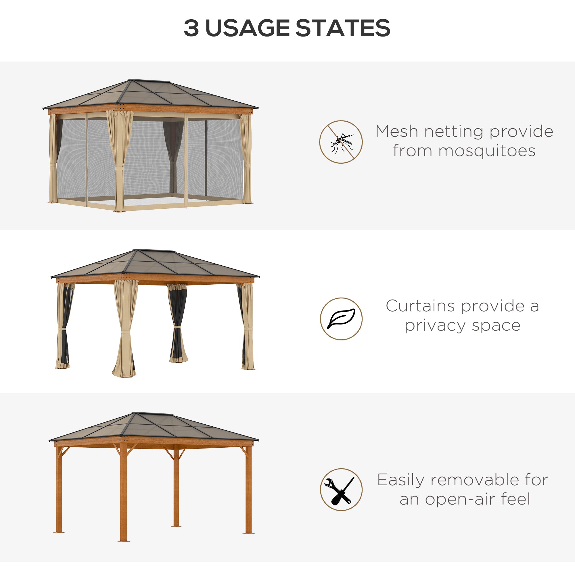 Outsunny 3 x 3.6 m Hardtop Gazebo Canopy, Polycarbonate Roof Garden Pavilion with Aluminium and Steel Frame, Nettings and Sidewalls for Garden, Patio, Khaki - North Peak Garden Furniture