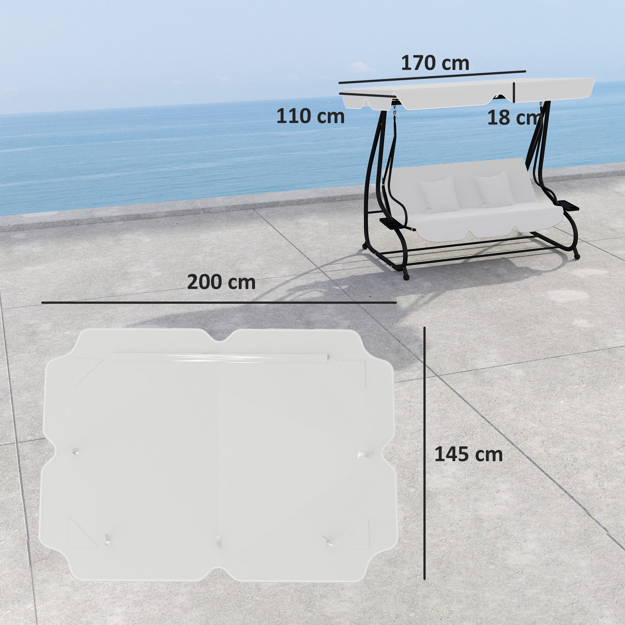 Outsunny Garden Swing Canopy Replacement 3 Seater, Waterproof Garden Swing Seat Canopy Cover, Windproof Anti-UV Sun Shade (Canopy Only) for Patio, Balcony, Light Grey - North Peak Garden Furniture
