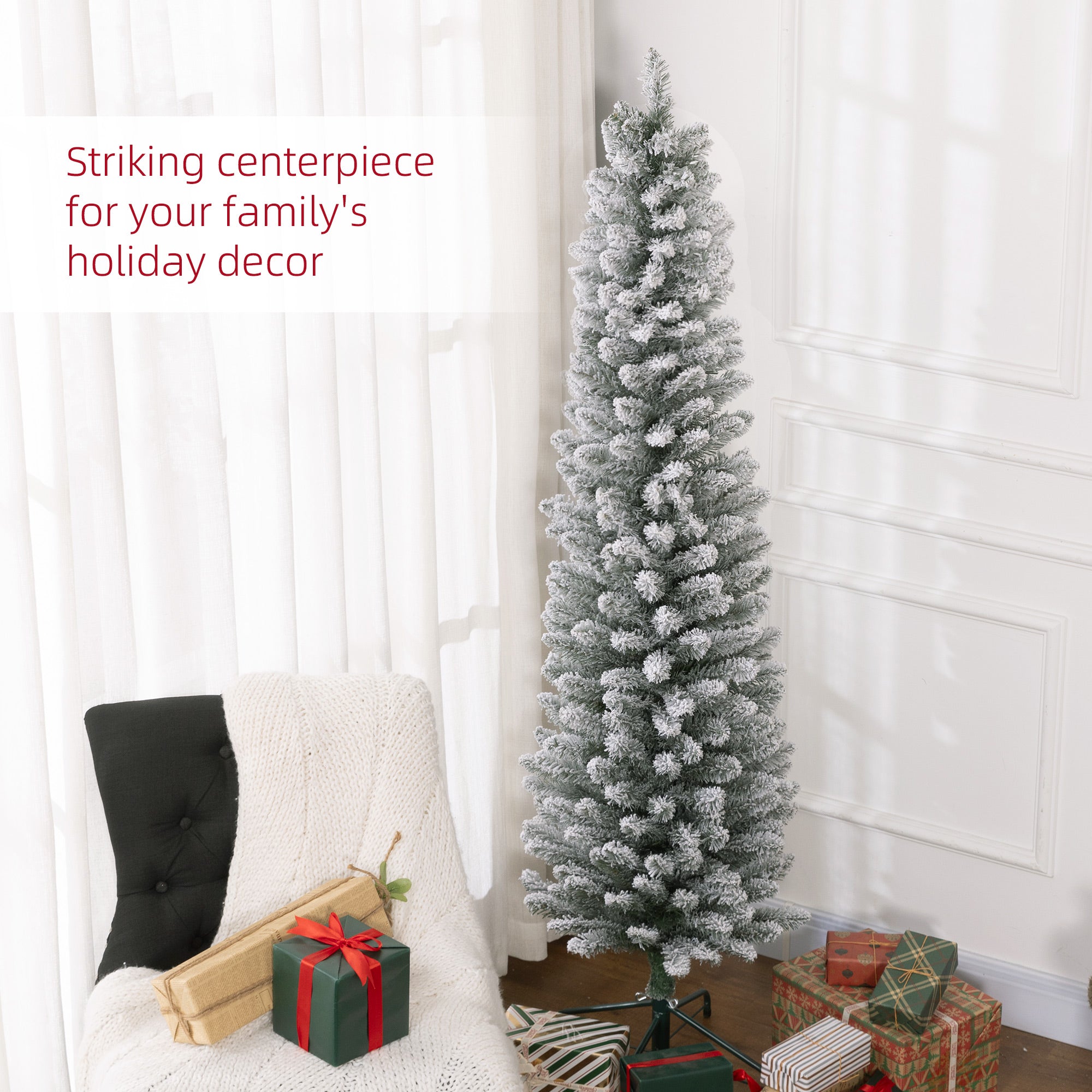 HOMCOM 6ft Artificial Snowy Pencil Christmas Tree - Green - North Peak Garden Furniture