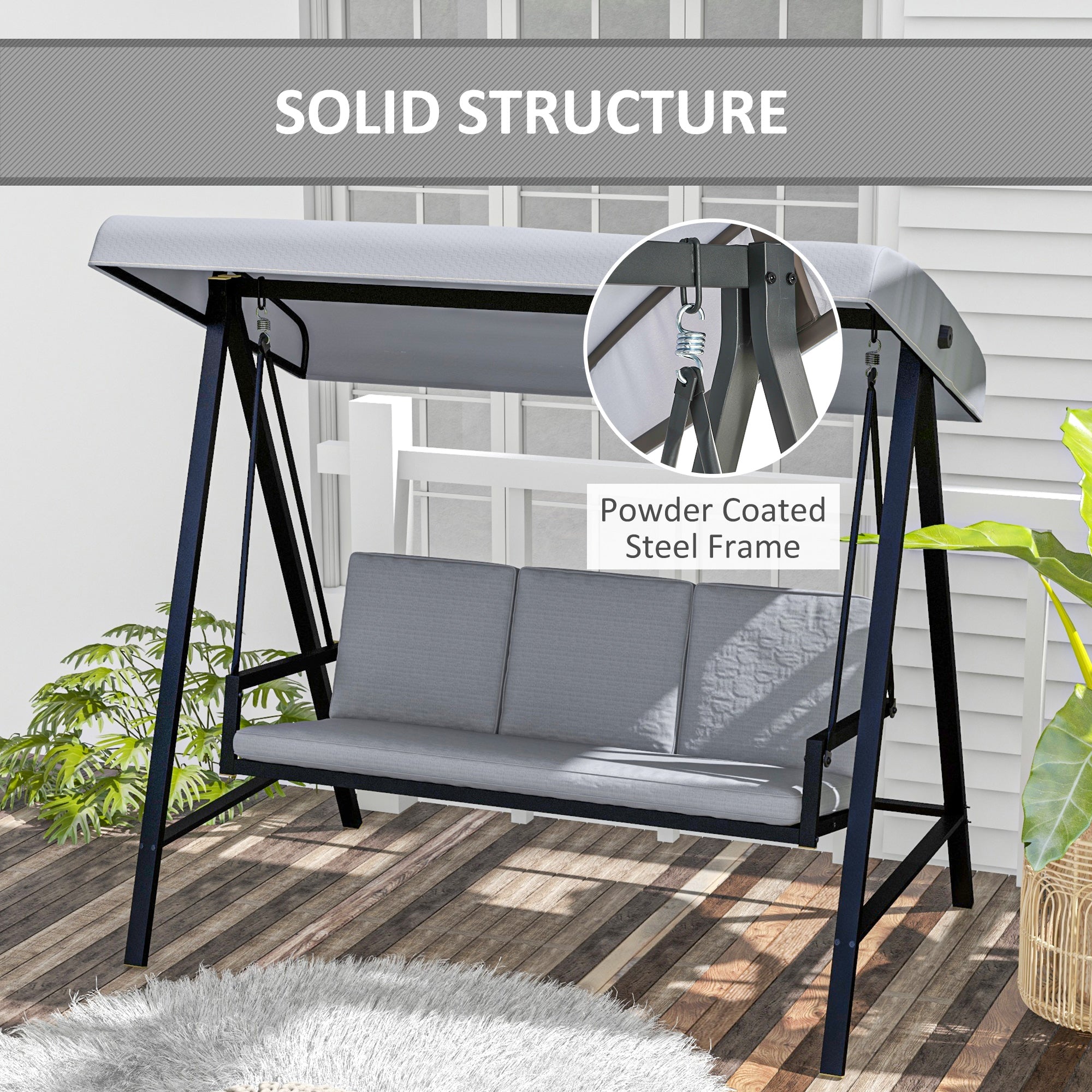 Outsunny Three-Seat Garden Swing Chair, with Adjustable Canopy - Grey - North Peak Garden Furniture