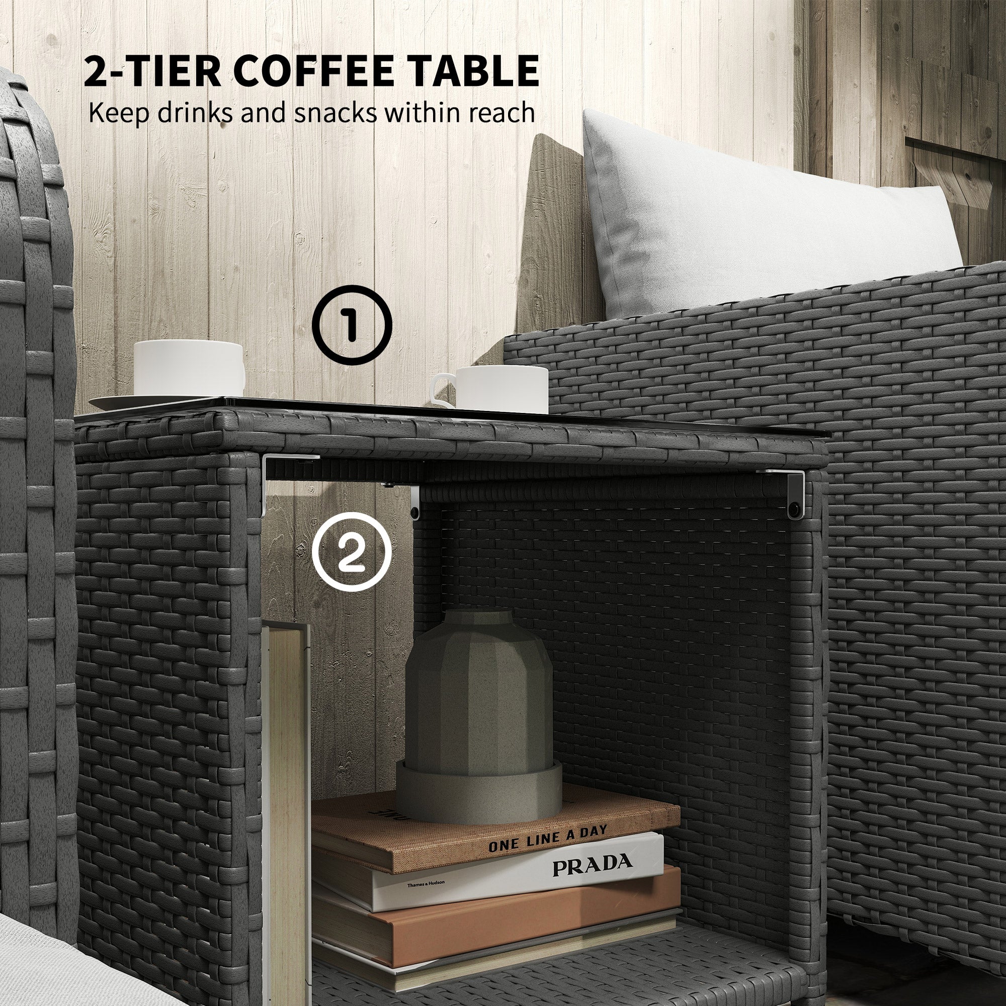 Outsunny Five Piece Rattan Garden Furniture Set with 2-Tier Coffee Table and Ottomans - Grey - North Peak Garden Furniture