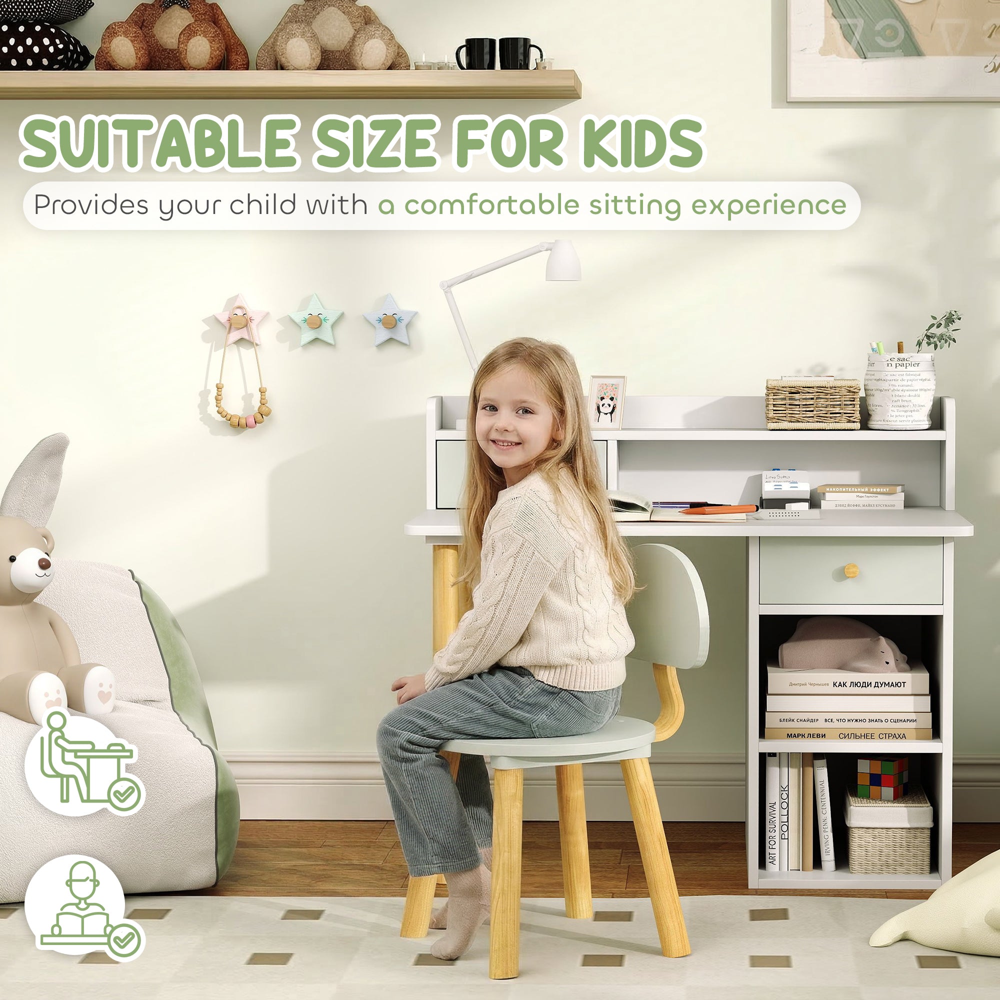 AIYAPLAY Two-Piece Children Study Table with Hutch, Kids Desk and Chair Set with Storage, Drawer, Shelves, Green
