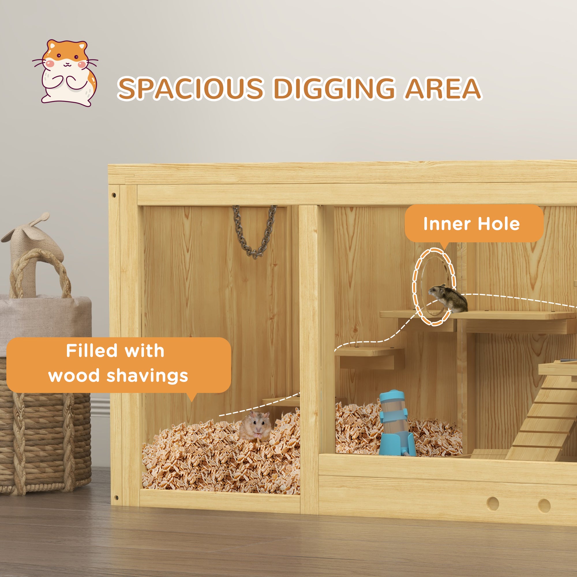 PawHut Wooden Hamster Cage with Water Bottle, Platforms, Openable Roof, Sliding Tray, Hut, Seesaws, Natural Wood Finish - North Peak Garden Furniture