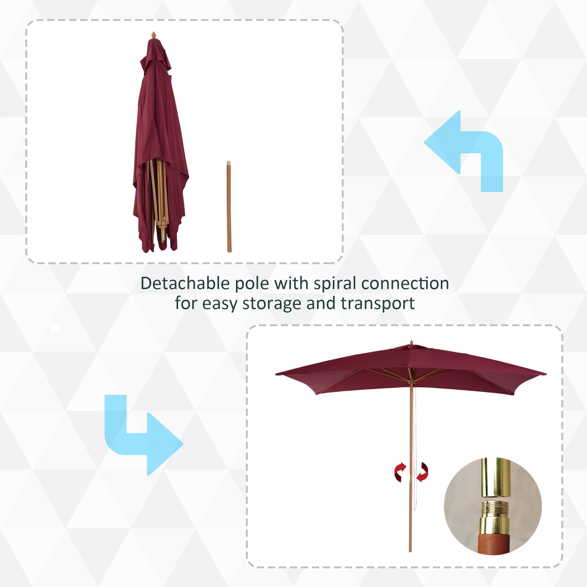 Outsunny Wooden Garden Parasol, 3m x 2m Sun Shade Patio Umbrella, Outdoor Canopy, Wine Red