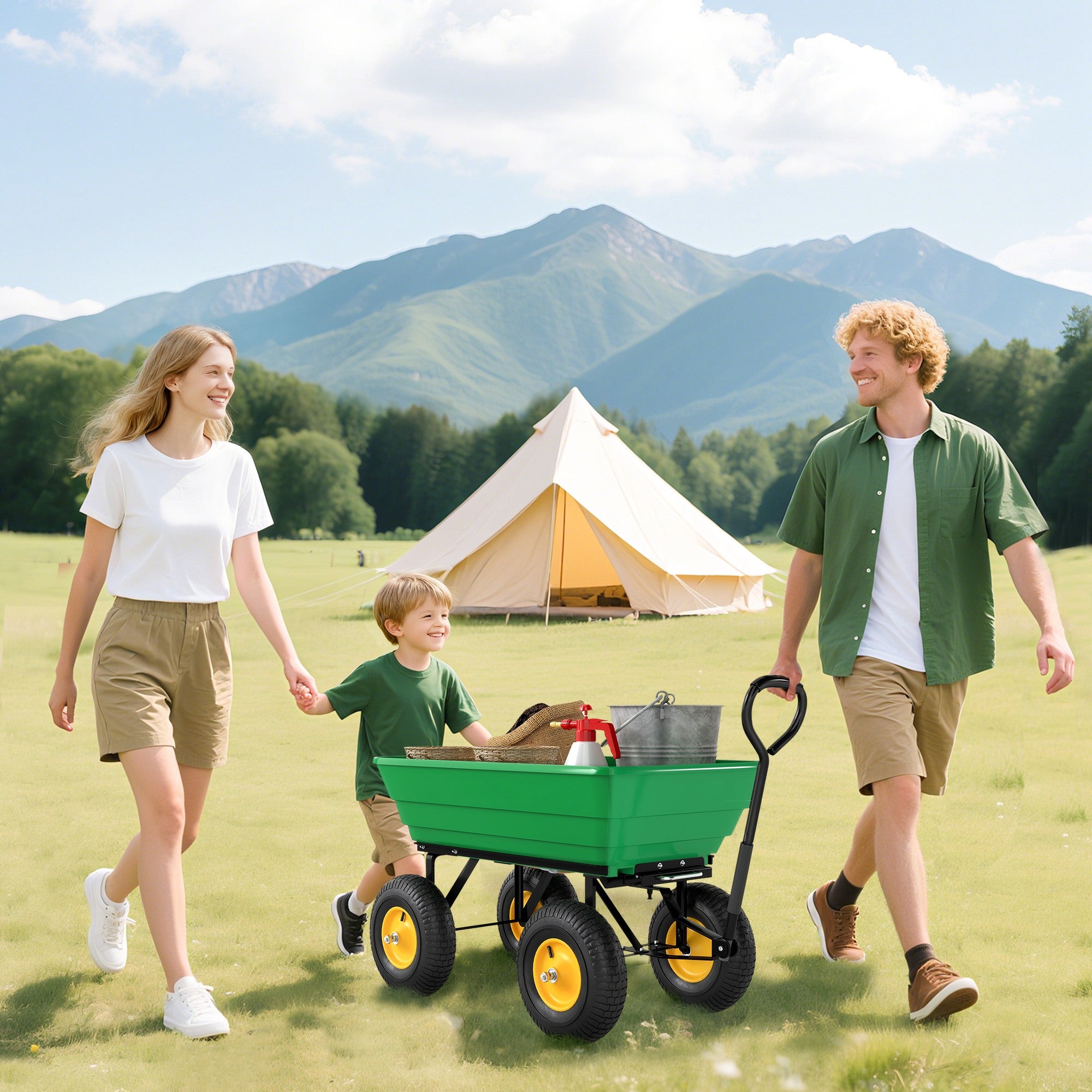 Outsunny 75 Litre Large Garden Cart Heavy Duty 4 Wheel Trolley Dump Wheelbarrow Tipping Truck Trailer - Green