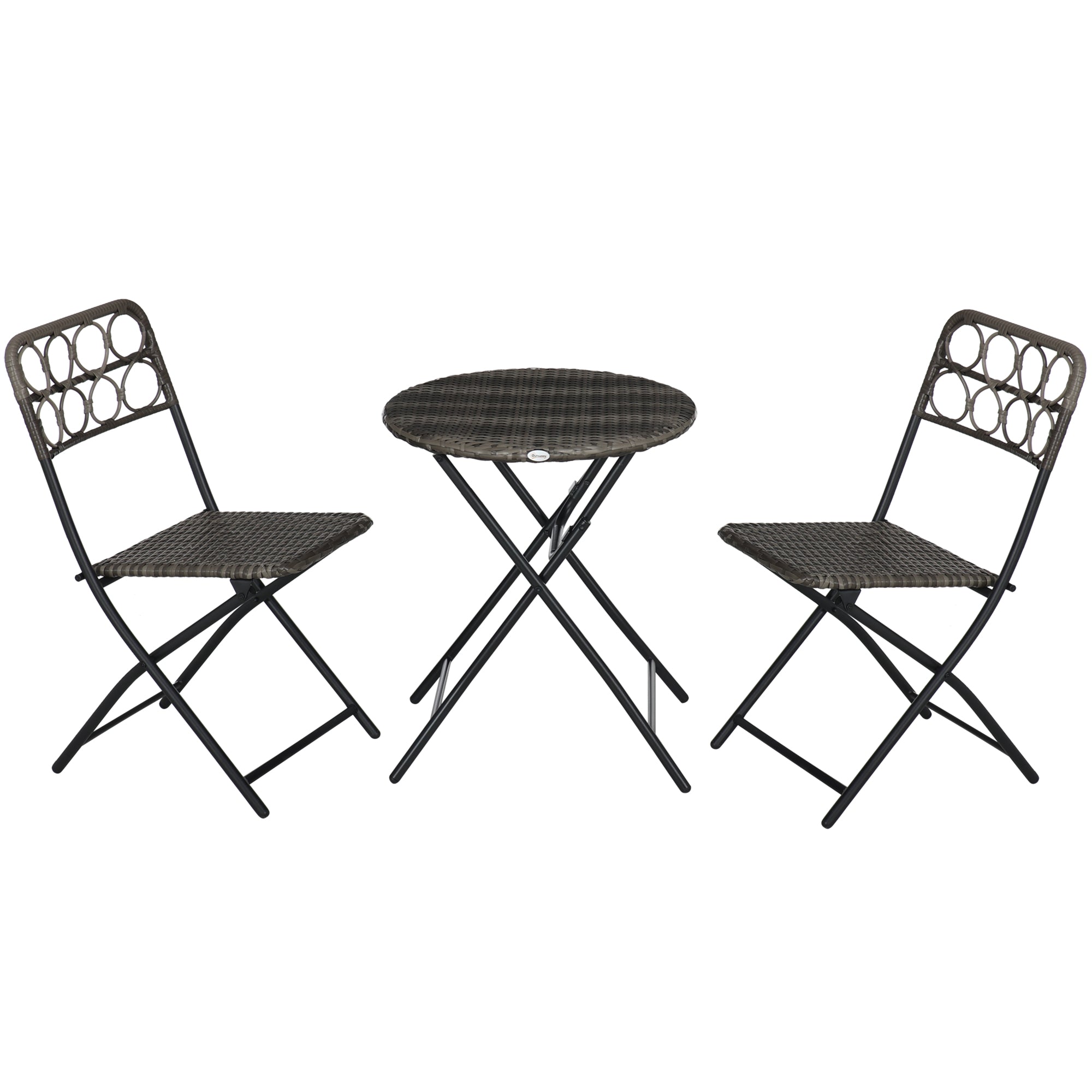 Outsunny 3 Pieces Rattan Bistro Set, Wicker Folding Garden Furniture Set with Coffee Table and Chairs for Outdoor, Patio, Balcony, Grey