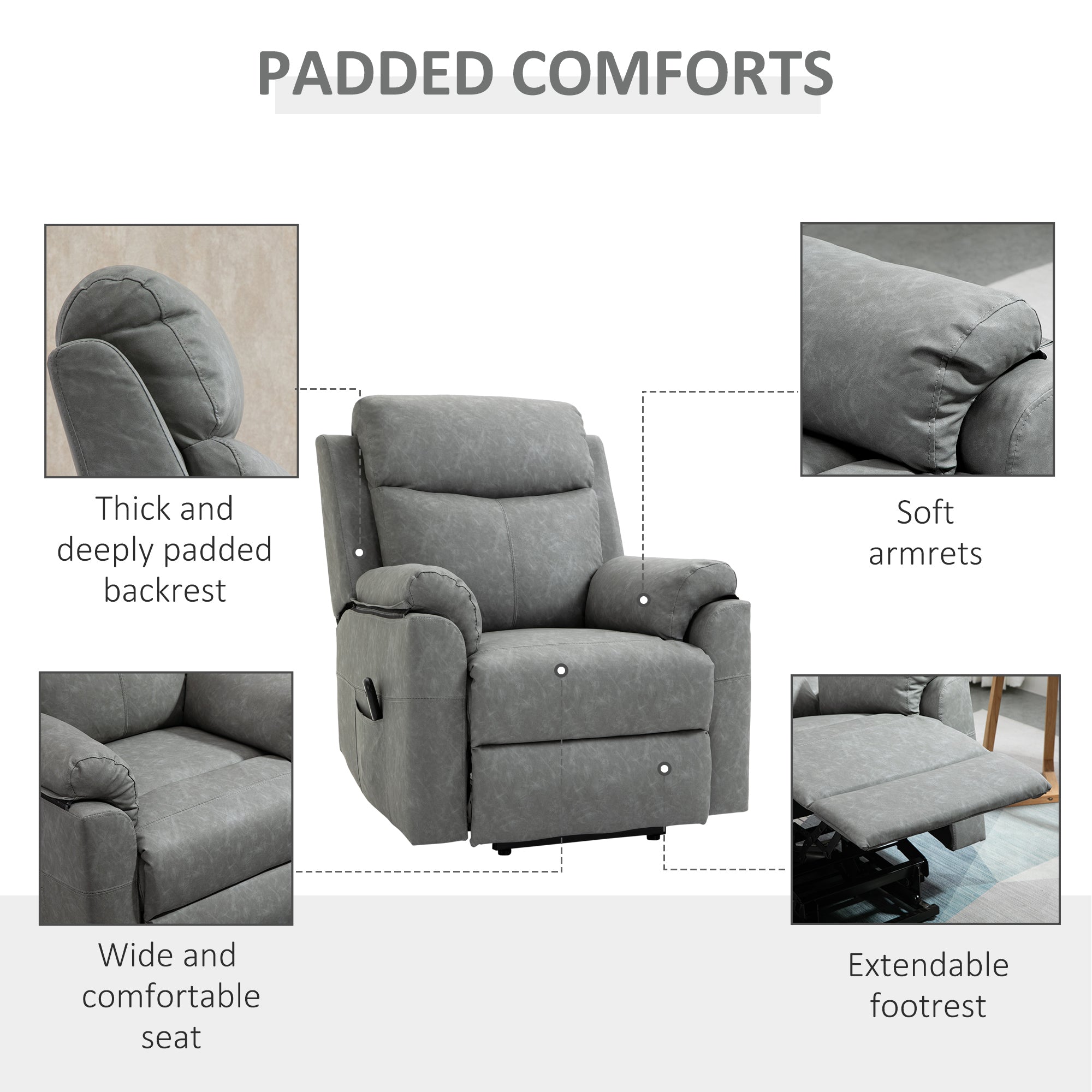 HOMCOM Faux Leather 70° Electric Riser Recliner Chair - Grey - North Peak Garden Furniture