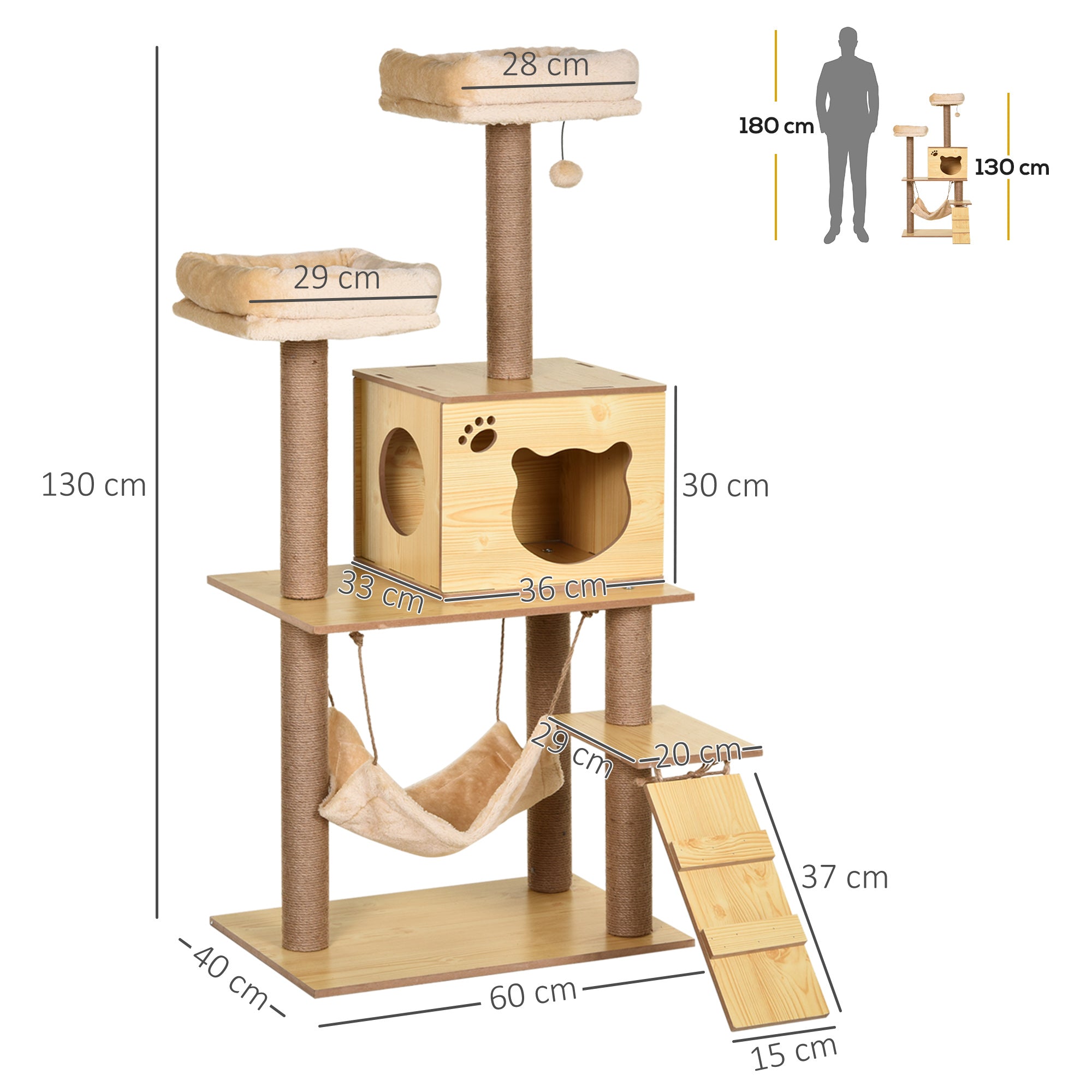 PawHut 130cm Cat Tree for Indoor Cats, Multi-Level Plush Cat Tower, with Five Scratching Posts, Two Perches, Cat House, Hammock - North Peak Garden Furniture