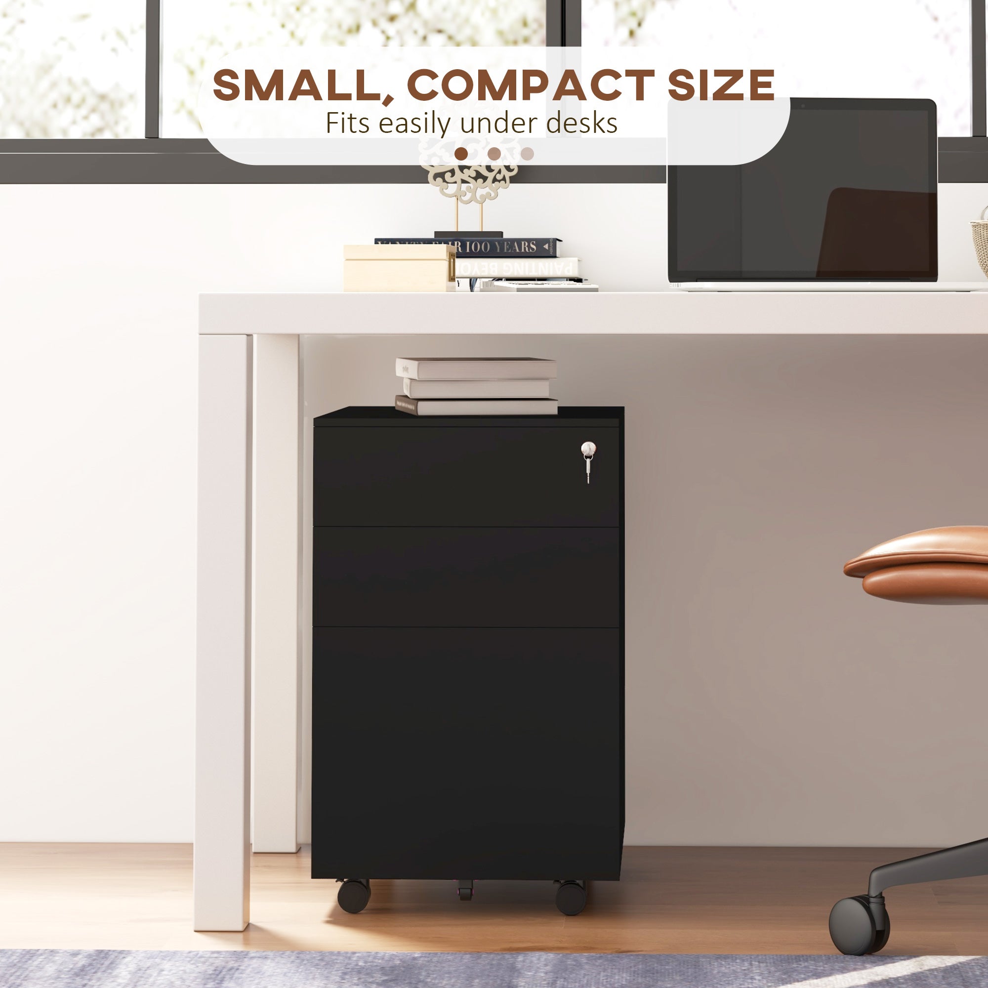 Vinsetto 3-Drawer Vertical Filing Cabinet with Pencil Tray, Lock and 5 Wheels, Steel Mobile File Cabinet, for A4, Legal and Letter Size, Pre-Assembled Body, Black - North Peak Garden Furniture
