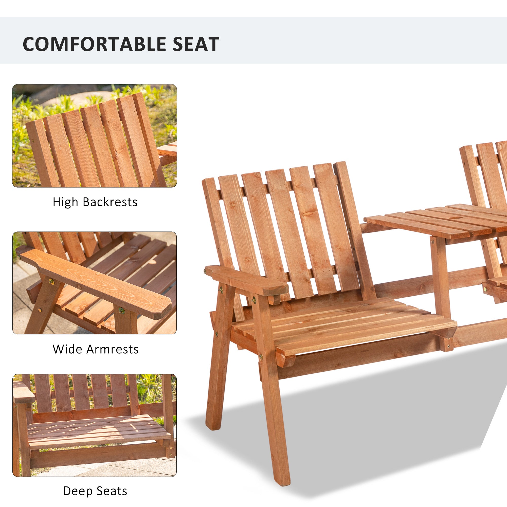 Outsunny 2-Seater Fir Wood Bench w/ Centre Table - North Peak Garden Furniture