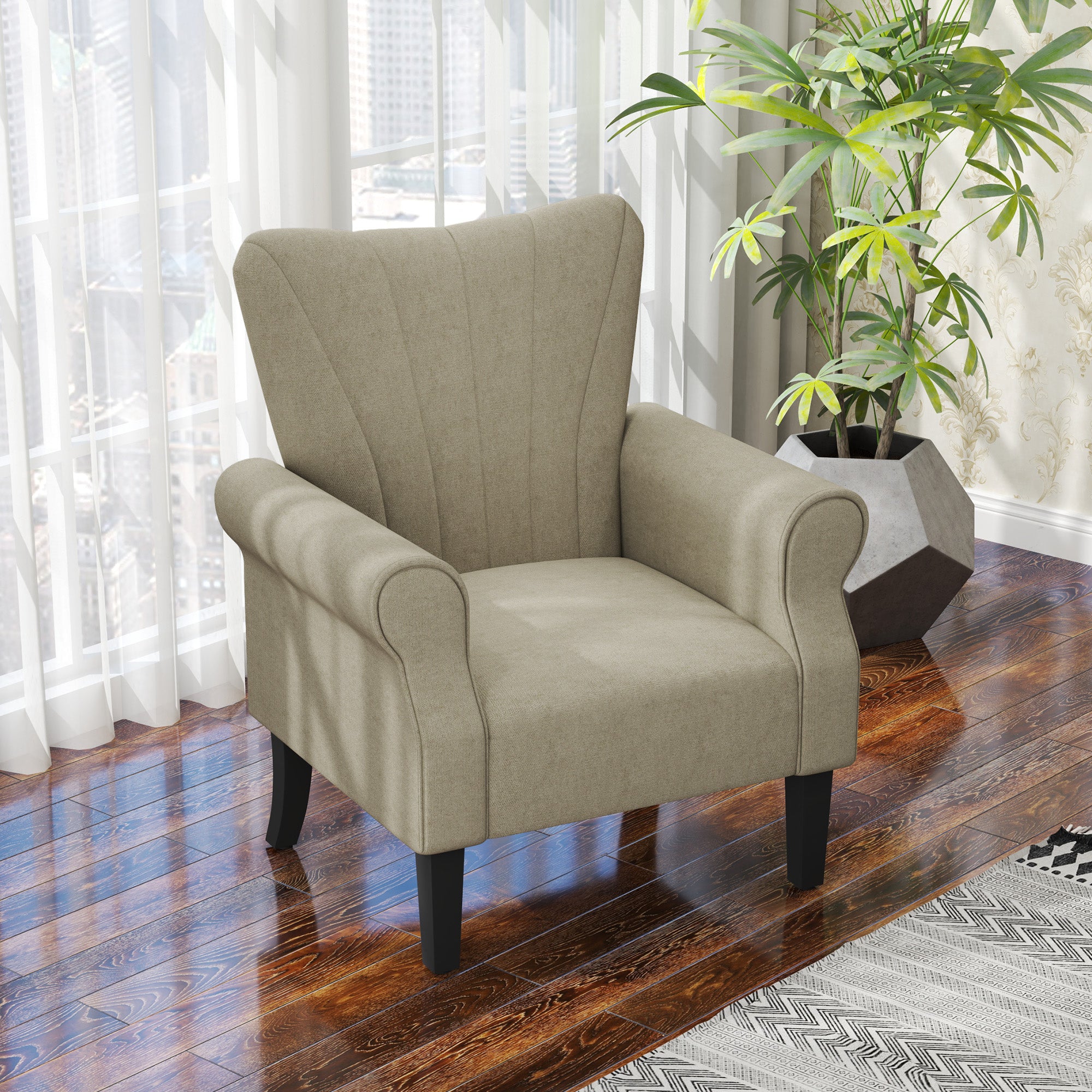 HOMCOM Upholstered Accent Chair with High Back, Rolled Arms and Wood Legs, Soft Thick Padded Armchair, Beige - North Peak Garden Furniture
