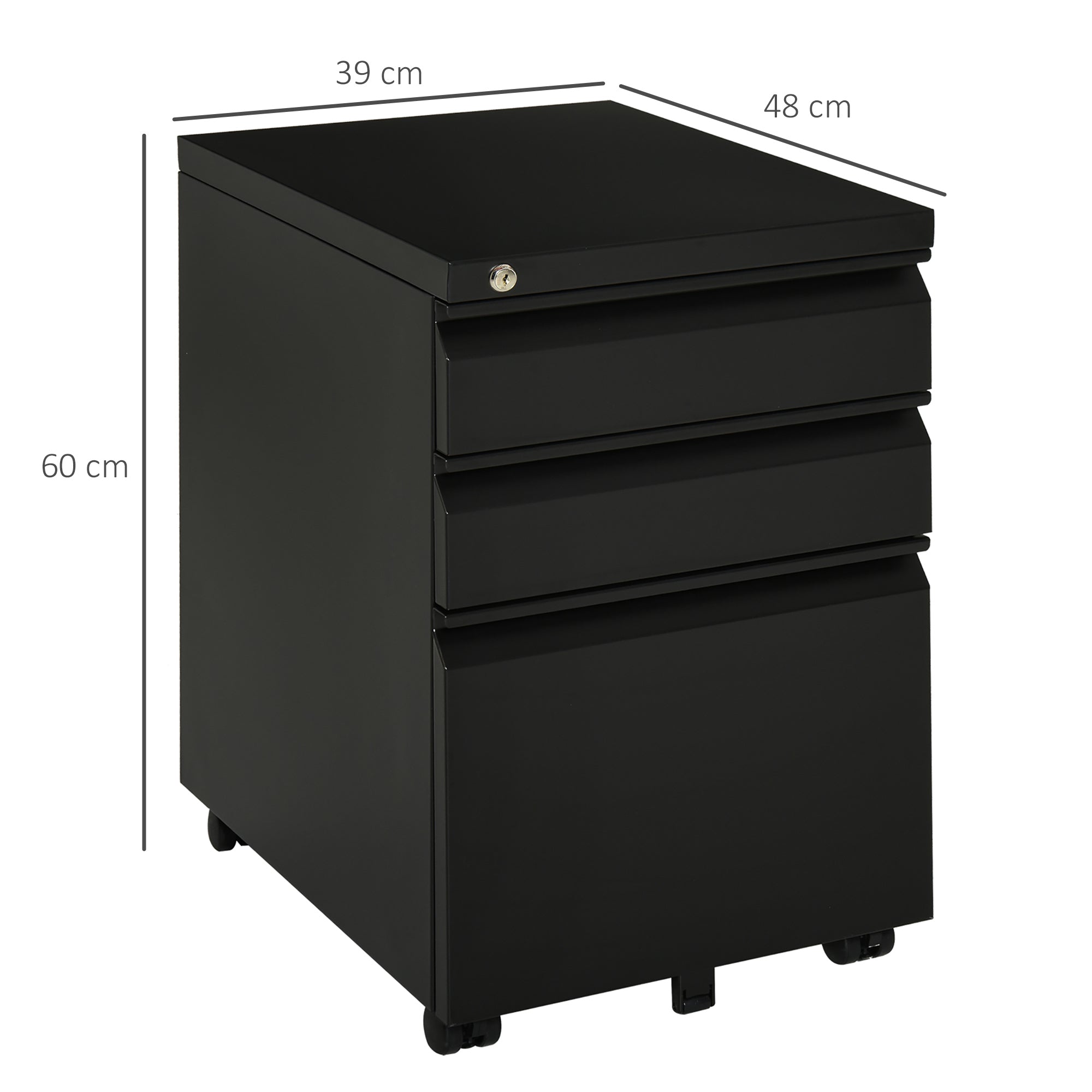 Vinsetto 3 Drawer Filling Cabinet, Mobile Metal File Cabinet with Anti-tilt Design for Letter, A4, Legal Size, Black - North Peak Garden Furniture