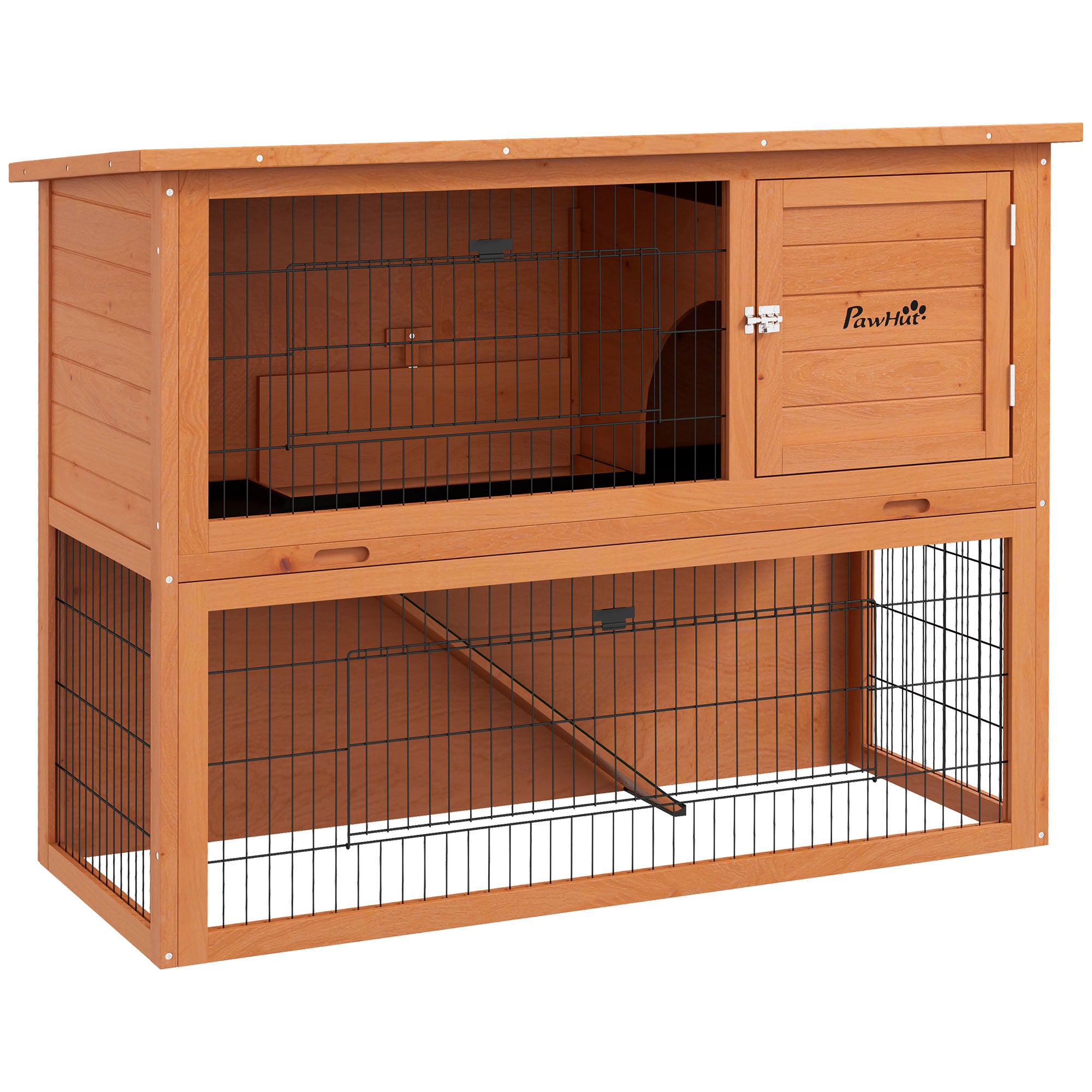 PawHut Two-Tier Antiseptic Wood Rabbit Hutch, 92cm Guinea Pig Hutch with Run - Orange - North Peak Garden Furniture