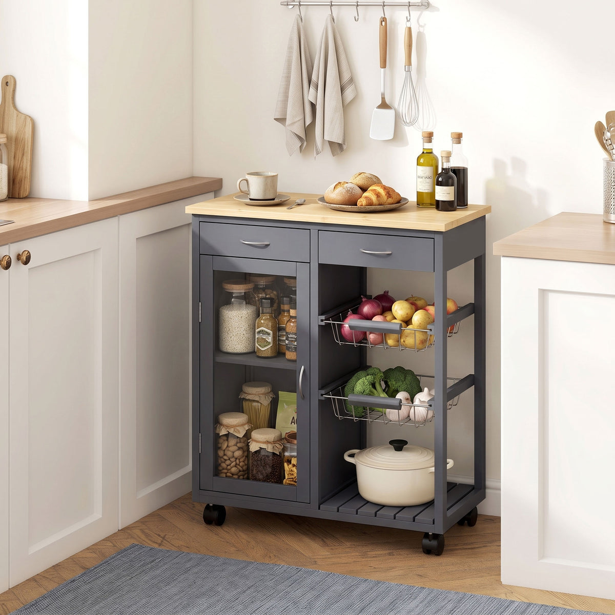 HOMCOM Bamboo Kitchen Island, Rolling Kitchen Trolley with Glass Door, 2 Metal Wire Baskets and Adjustable Shelf, Grey