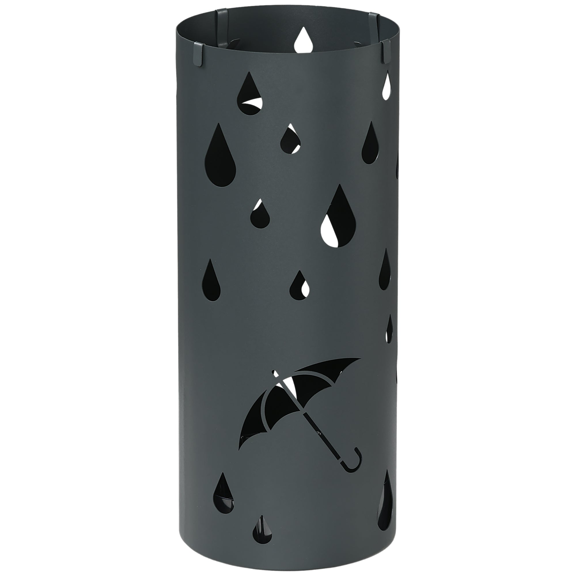 HOMCOM Freestanding Umbrella Stand for Hallway, Round Umbrella Basket with 4 Hooks and Drip Tray for Entryway, Dark Grey - North Peak Garden Furniture