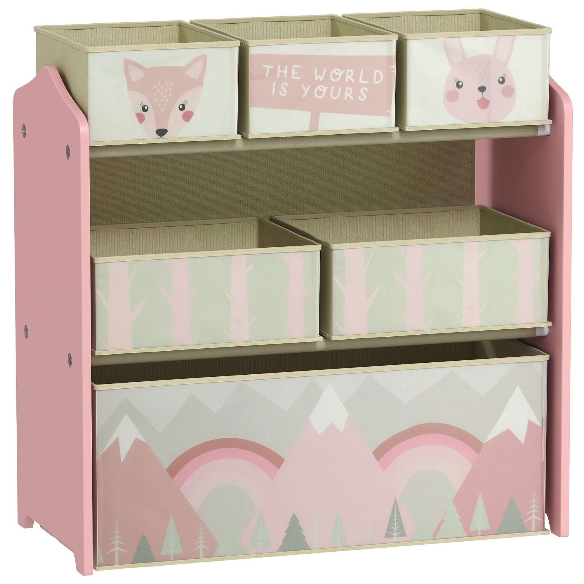 ZONEKIZ Kids Storage Unit, Toy Storage Organiser, with Six Fabric Bins, for Bedrooms, Playrooms, Nurseries - Pink