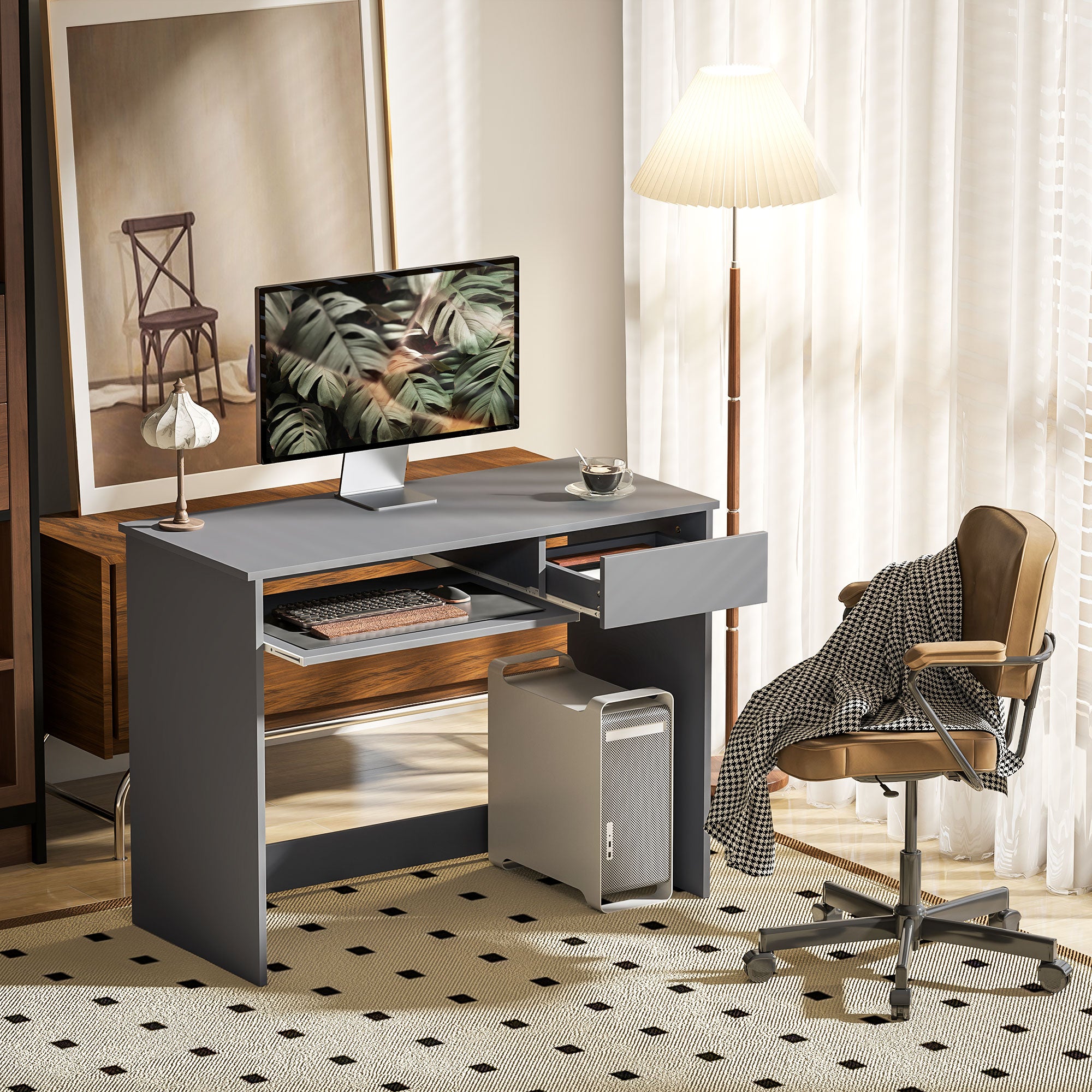 HOMCOM 100cm Compact Computer Desk with Keyboard Tray, Home Office Desk with Drawer for Bedroom Study, Grey - North Peak Garden Furniture