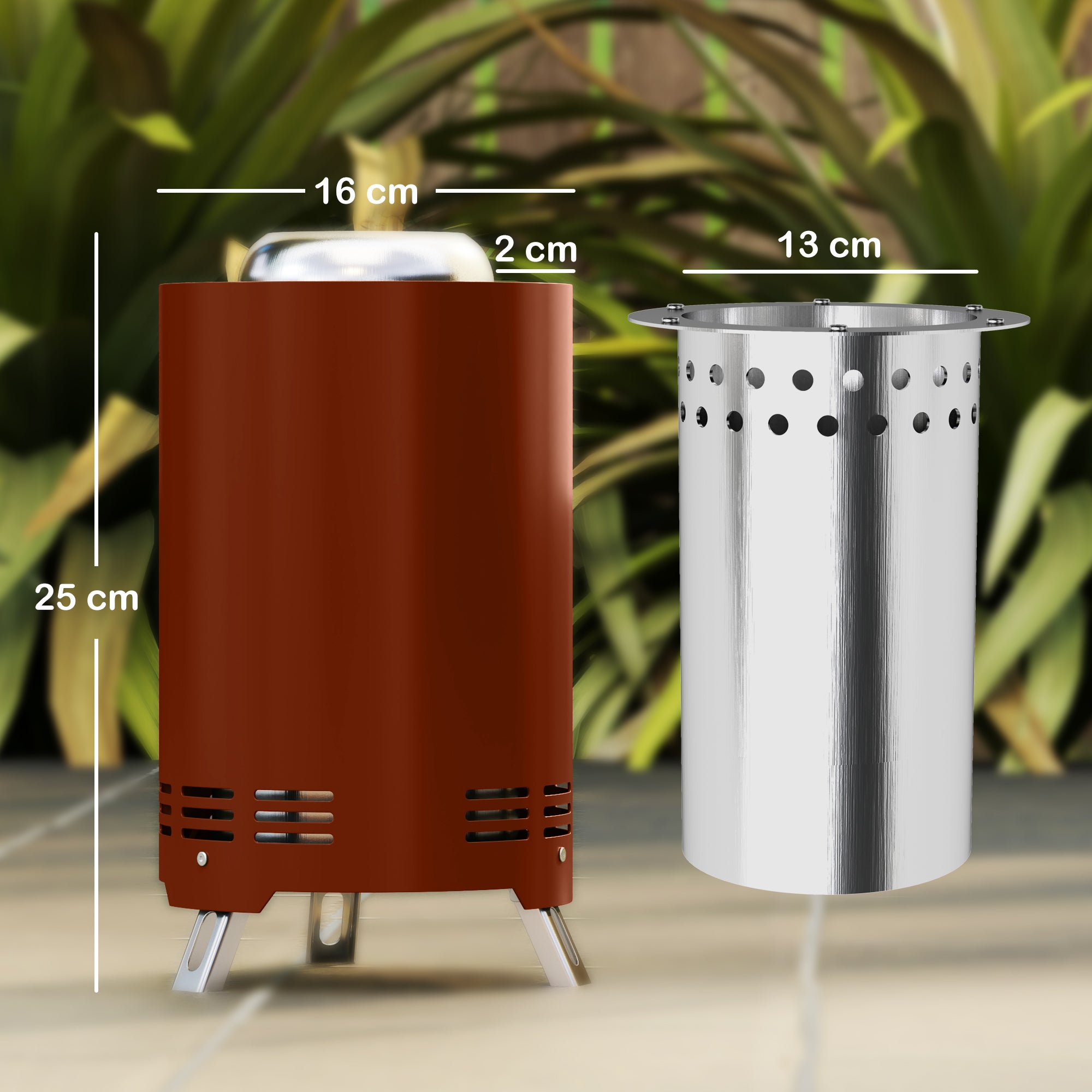 Outsunny Smokeless Fire Pit, 16 x 16 cm Stainless Steel Portable Wood Burning Firepit with Poker, Wood or Pellet Fuelled Tabletop Fire Pit for Garden Camping Bonfire Party, Red - North Peak Garden Furniture