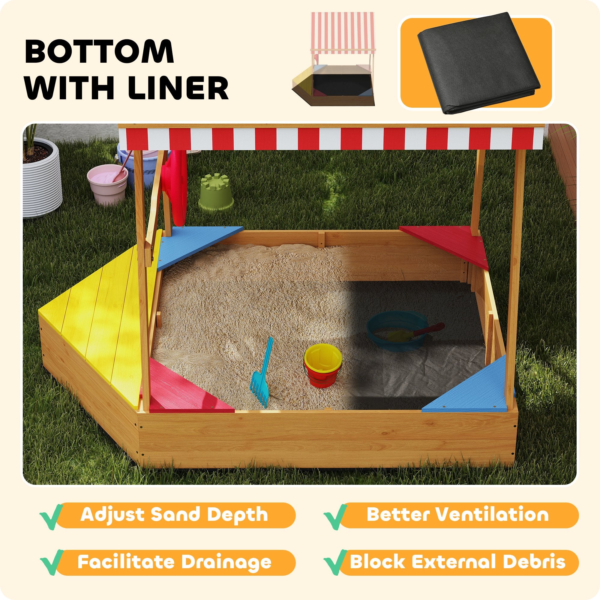AIYAPLAY Wooden Kids Sandpit Boat Style with Canopy, 4 Seats, Rudder, Bottom Liner, for Children 3-8 Years, Yellow - North Peak Garden Furniture
