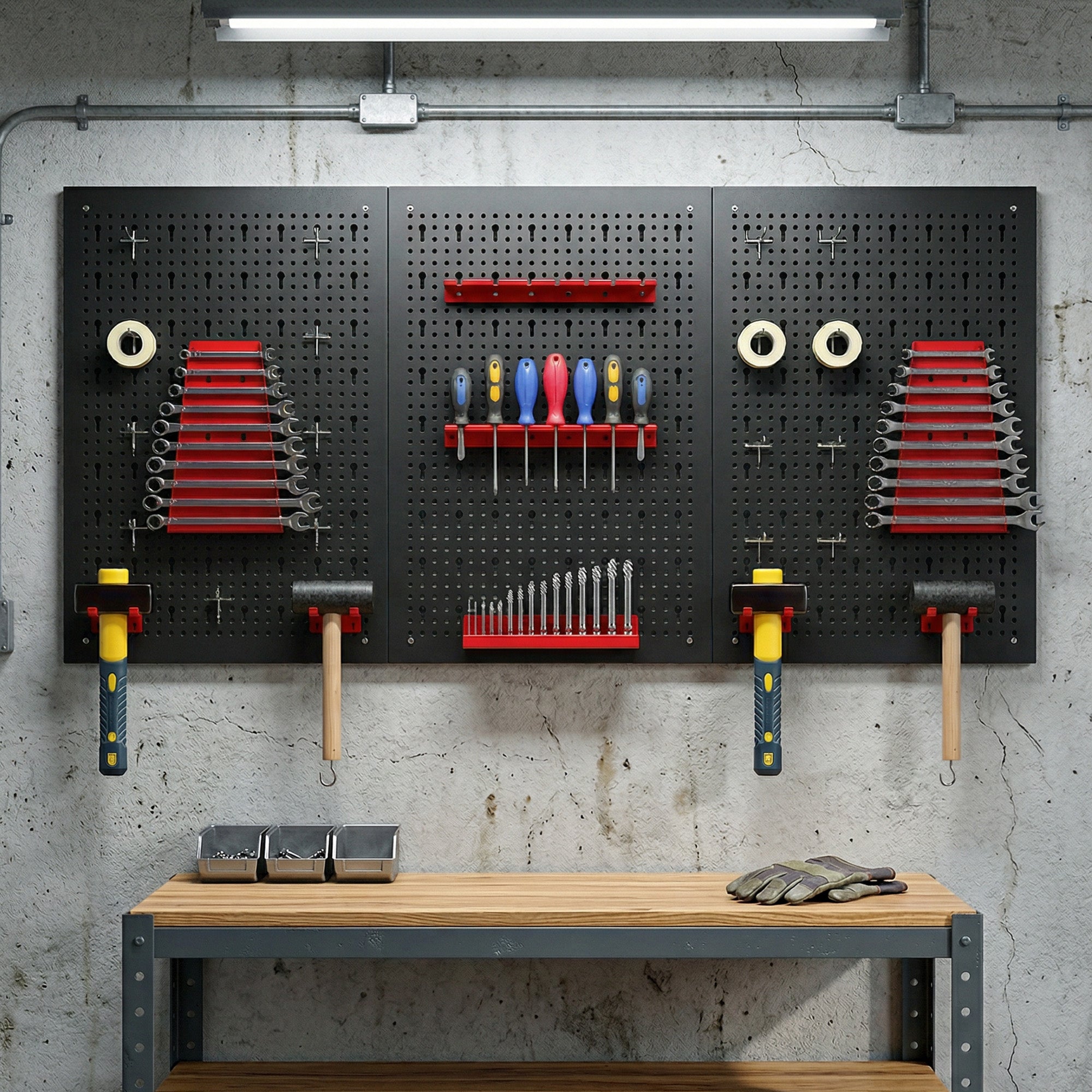 HOMCOM 28 Pcs Wall-Mounted Pegboard with 3 Boards, Garage Tool Storage Unit Black and Red