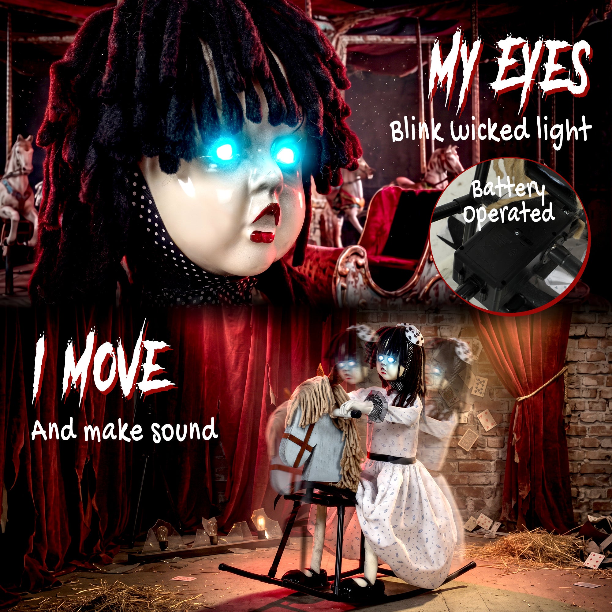 HOMCOM Animated Halloween Girl Riding Horse, Halloween Animatronics with Creepy Rhymes, Glowing Eyes, Sound/Touch Activated