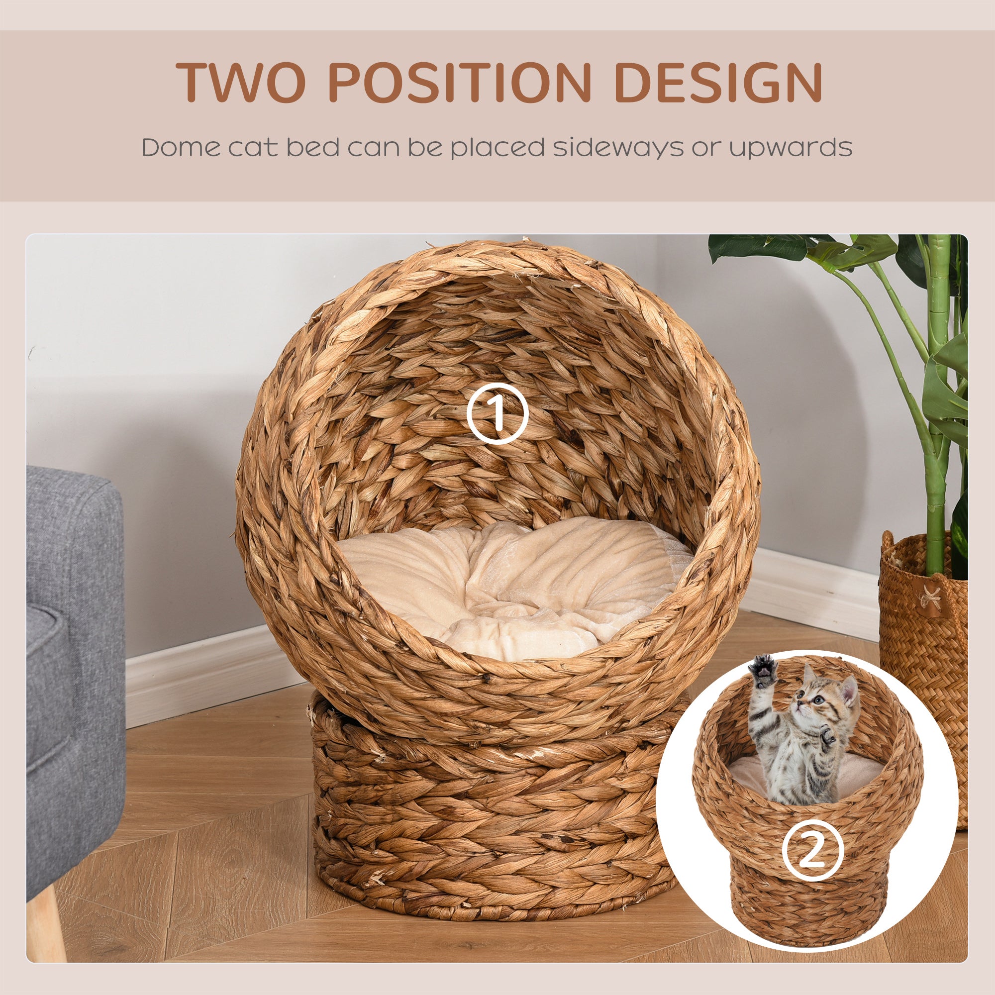 PawHut Wicker Cat Bed, Raised Rattan Cat Basket with Cylindrical Base, Soft Washable Cushion, 42 x 33 x 52cm - Brown