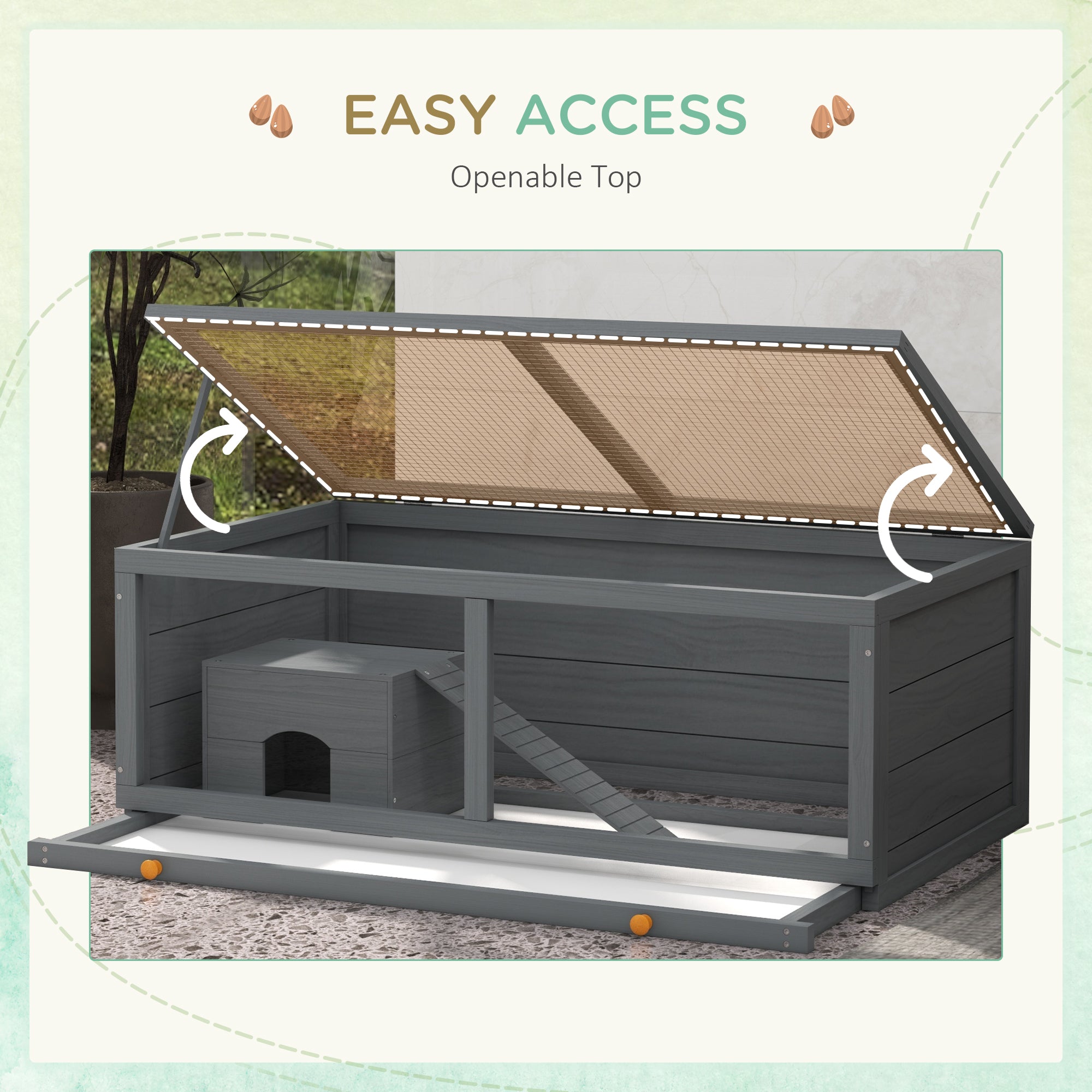 PawHut Wooden Hamster Cage with Sliding Tray, Openable Top, Hut for Syrian Hamsters, Grey - North Peak Garden Furniture