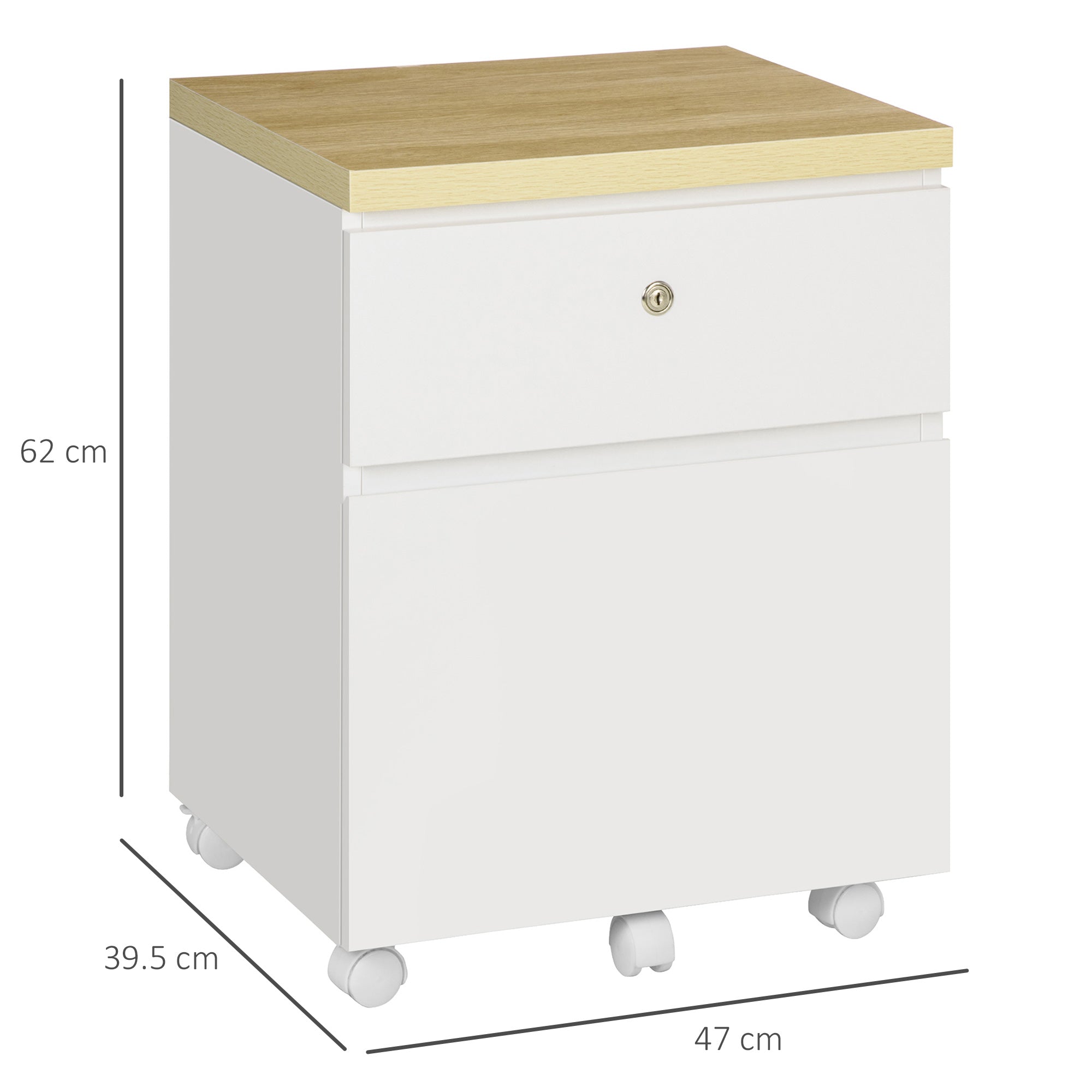Vinsetto 2-Drawer Filing Cabinet with Lock, Mobile File Cabinet with Hanging Bars for Legal Size and Wheels, Home Office Study, White - North Peak Garden Furniture