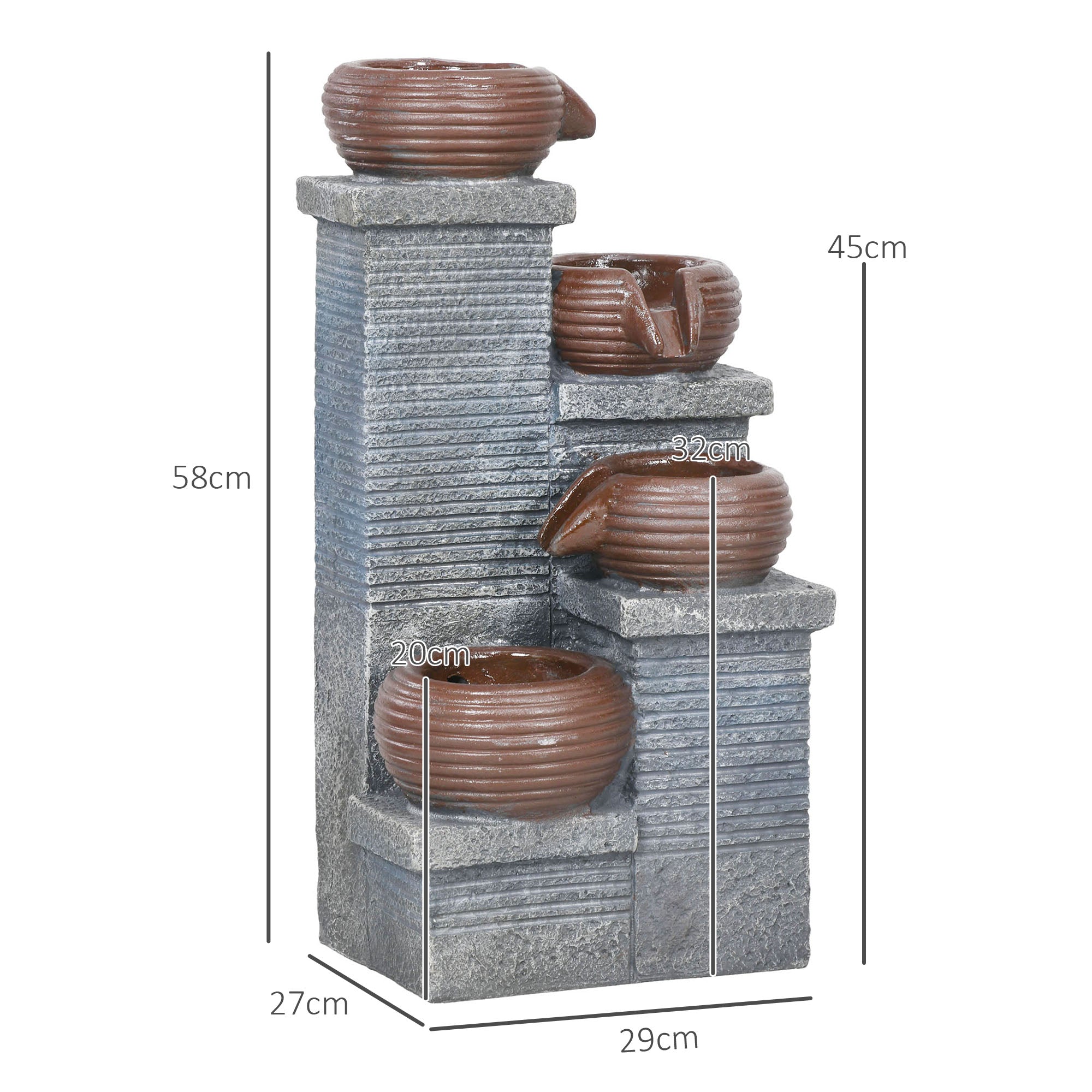 Outsunny Solar Powered Garden Water Feature with LED Lights and Pump, 4 Tier Cascading Water Fountain for Indoor/Outdoor, Bowls Waterfall Ornament, 58cm Height - North Peak Garden Furniture