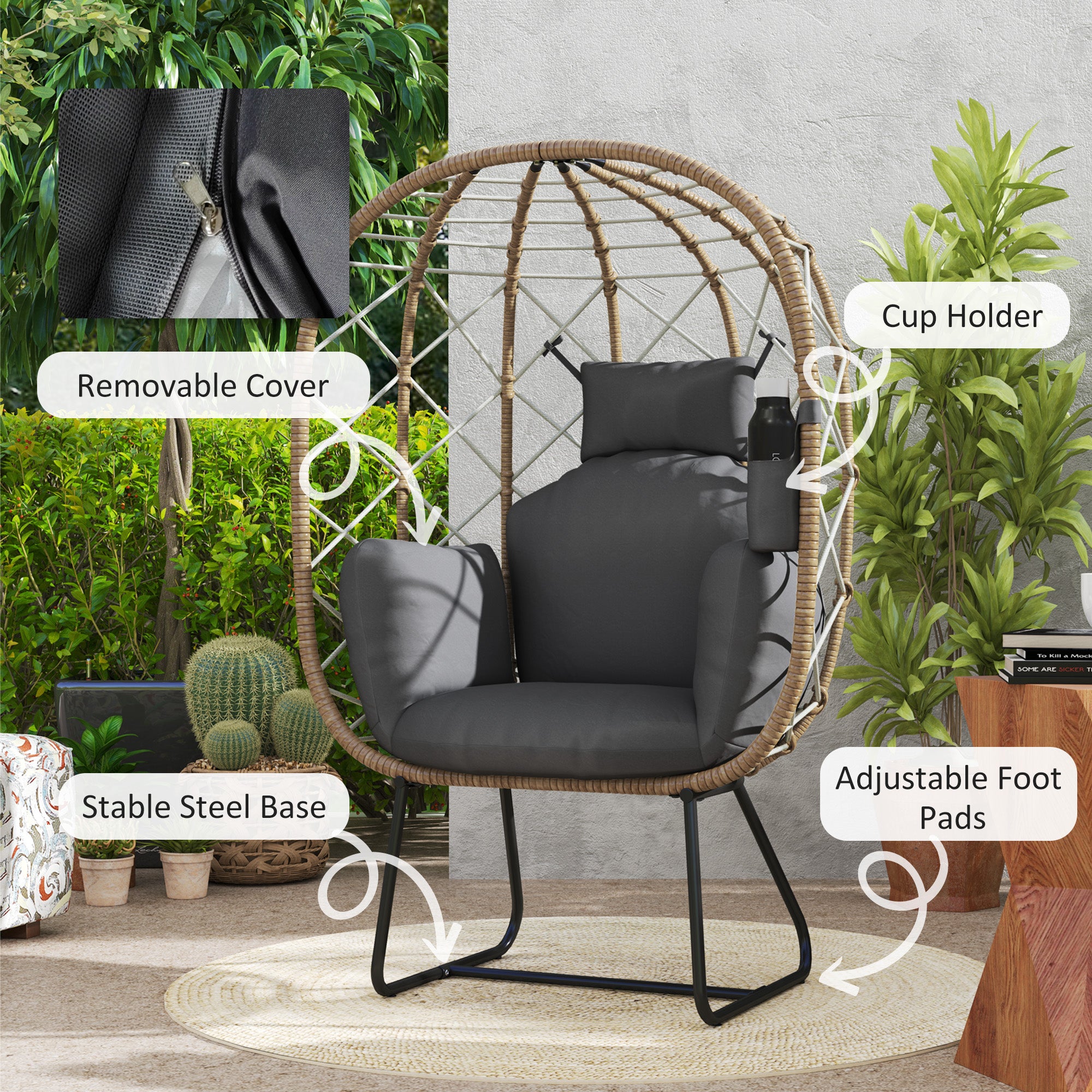 Outsunny Rattan Egg Chair Outdoor Indoor Wicker Chair with Thickened Cushion and Headrest, Standing Garden Egg Chair with Cup Holder, Metal Frame for Patio, Balcony, Brown - North Peak Garden Furniture